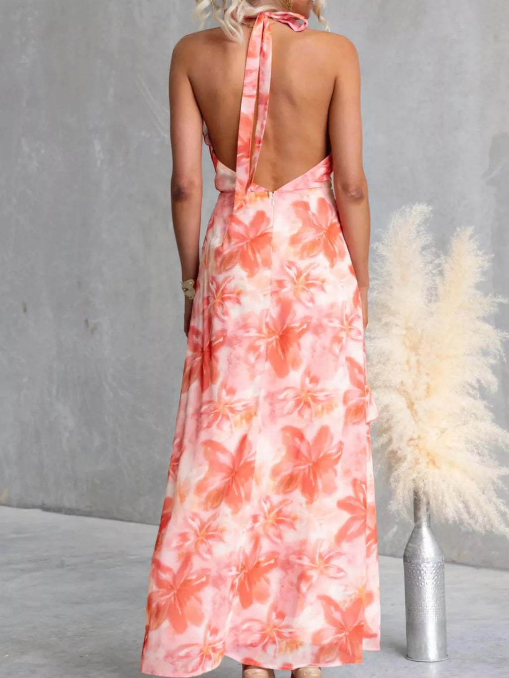 Floral Print Ruffle Halter Neck Maxi Dress by Trendsi