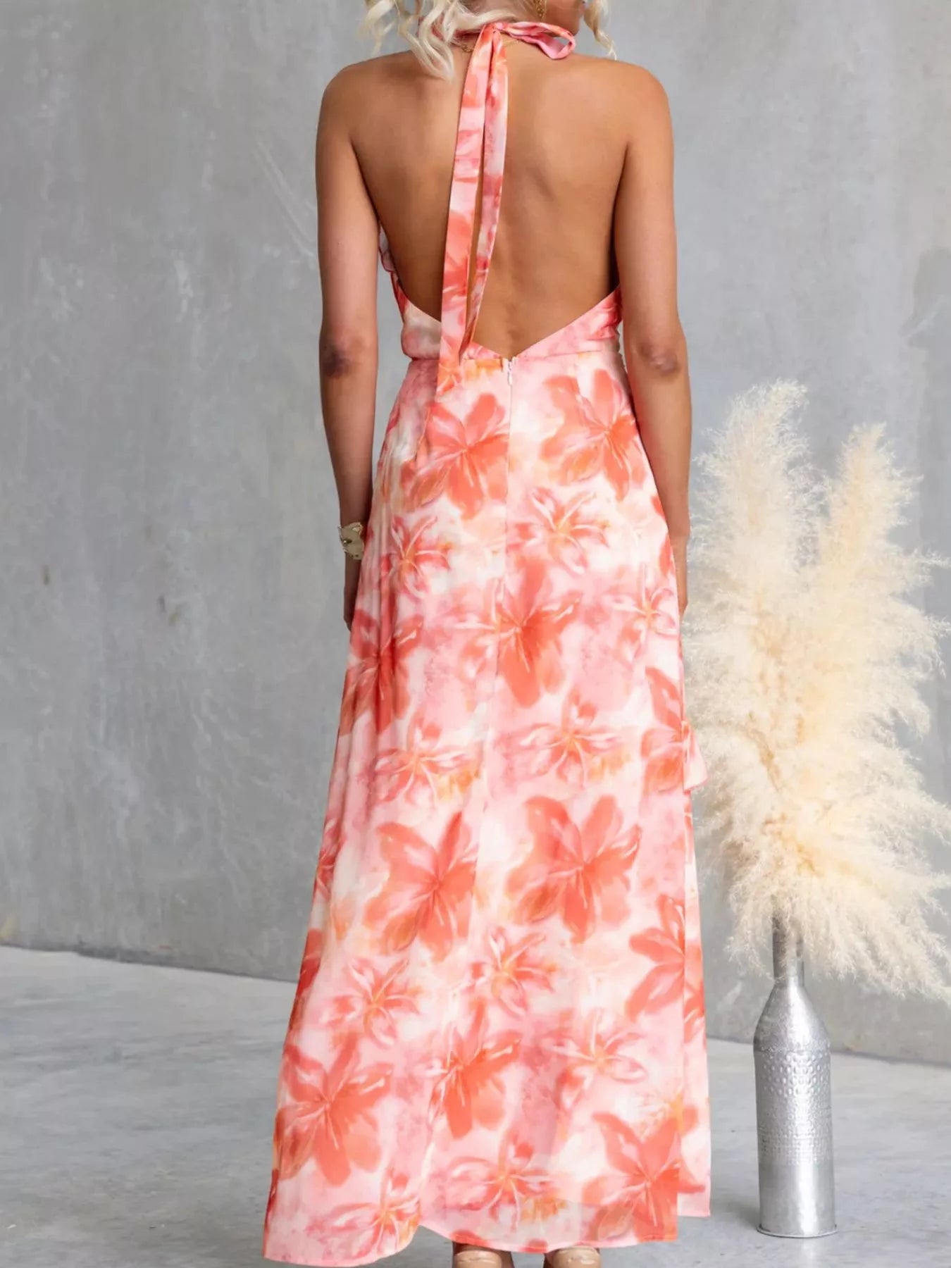 Floral Print Ruffle Halter Neck Maxi Dress by Trendsi