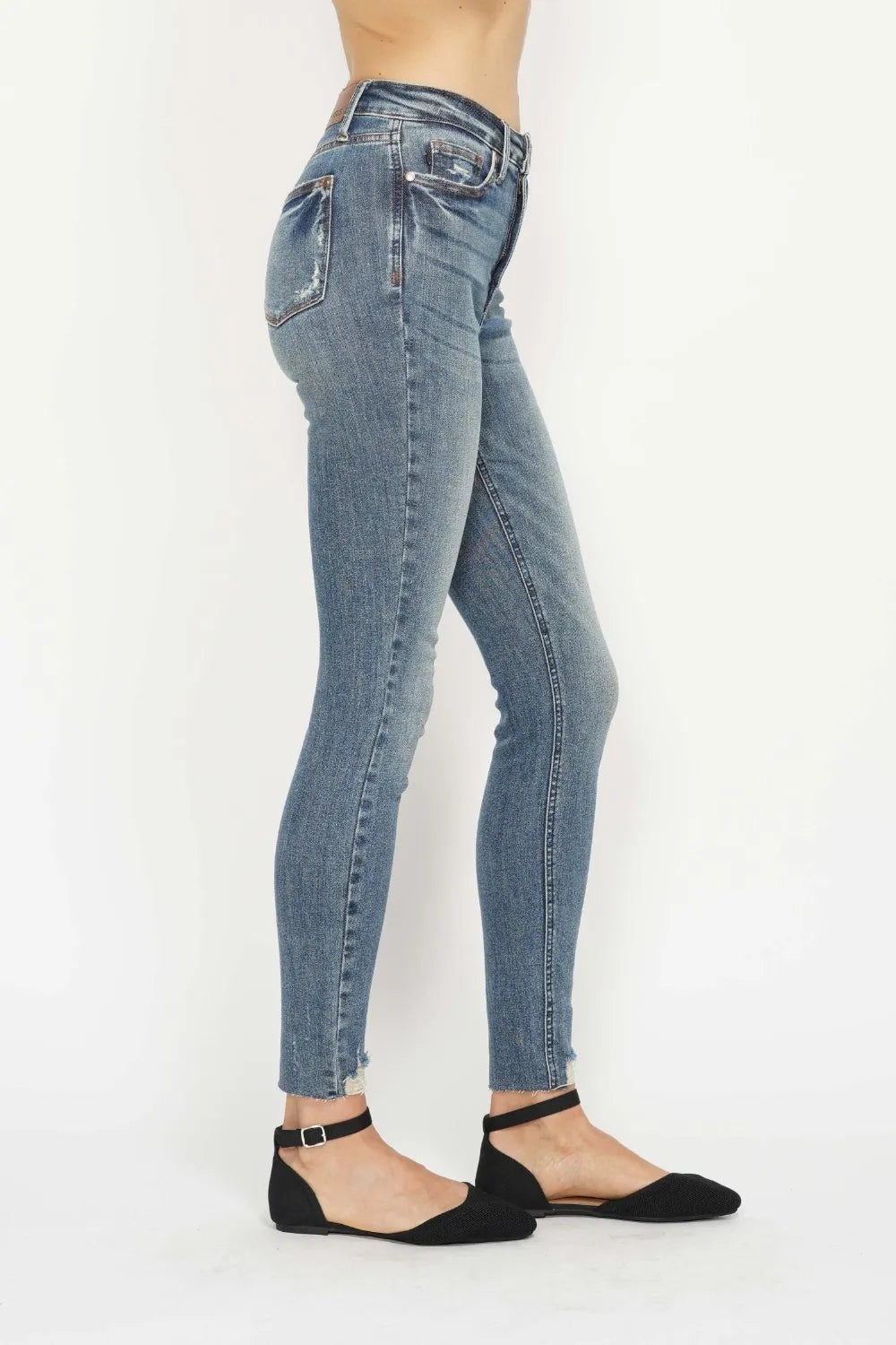 Judy Blue Full Size Tummy Control Vintage Wash Hem Destroy Skinny Jeans by Trendsi