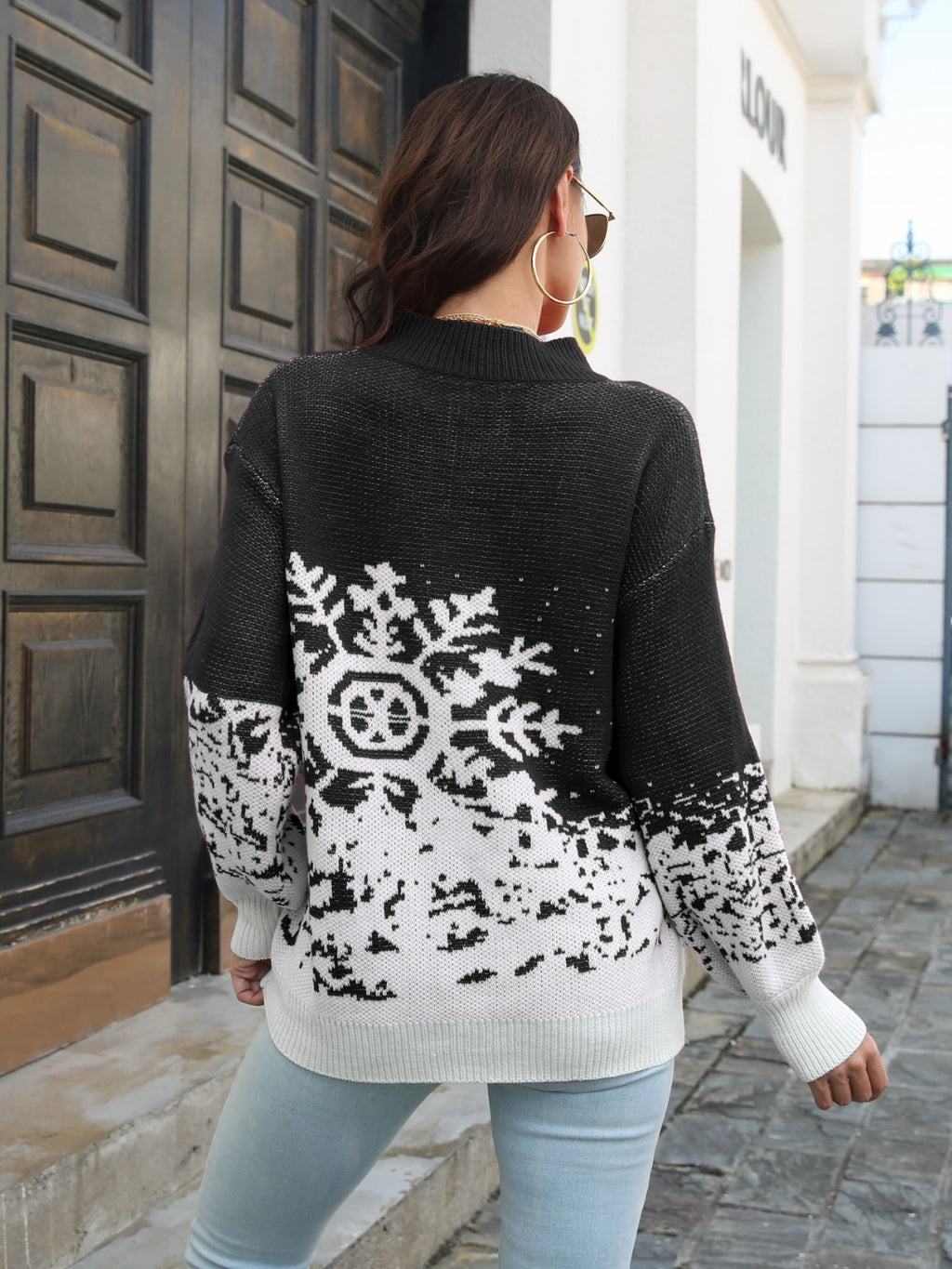 Snowflake Pattern Mock Neck Sweater by Trendsi