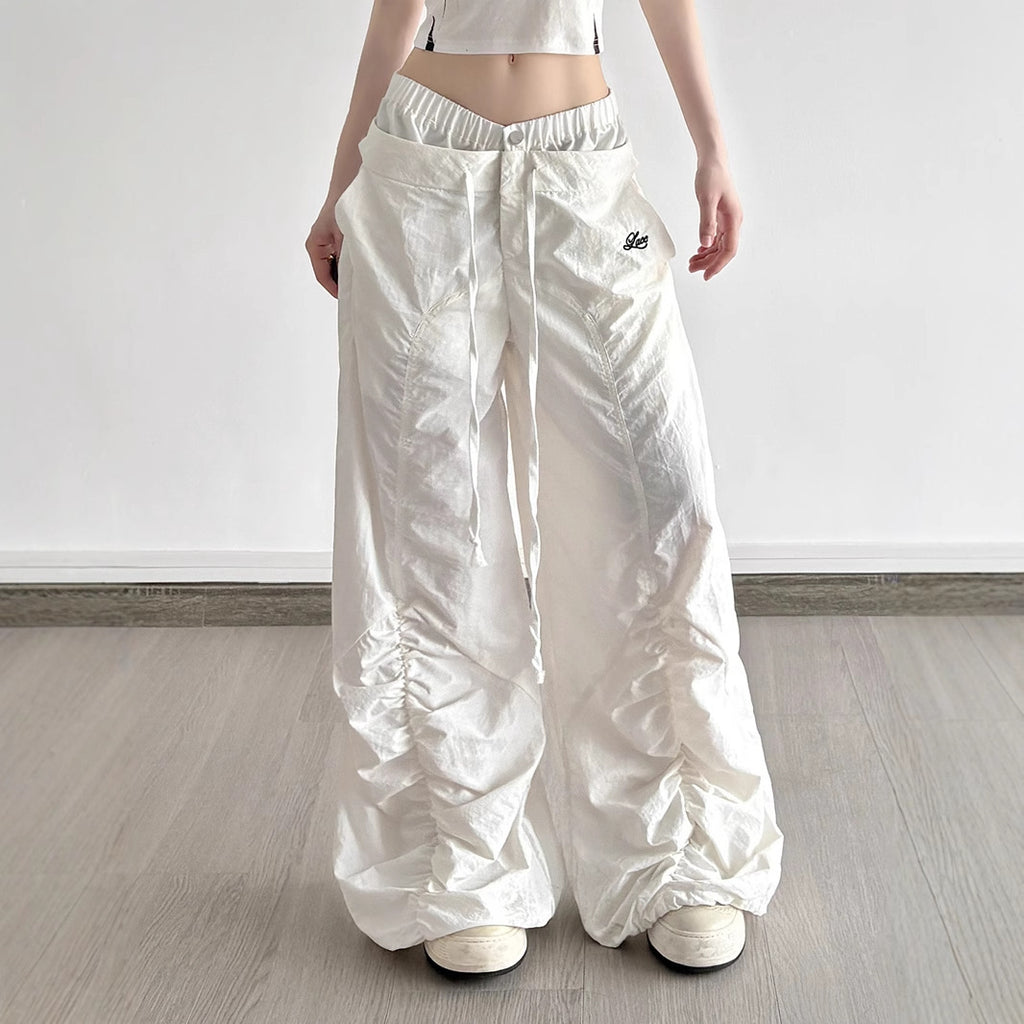 Ruffle Drawstring Lace Letters Embroidered Slacks by DC-THE CEO