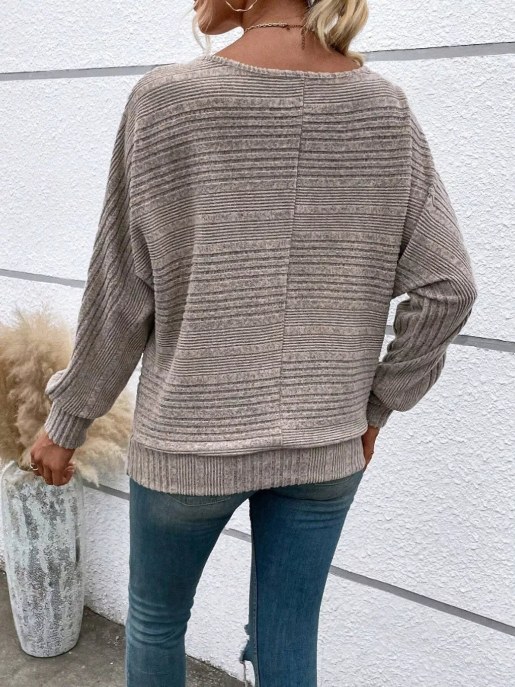 Ribbed Round Neck Long Sleeve Top by Trendsi