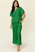 Double Take Full Size Texture Half Zip Short Sleeve Top and Pants Set by Trendsi