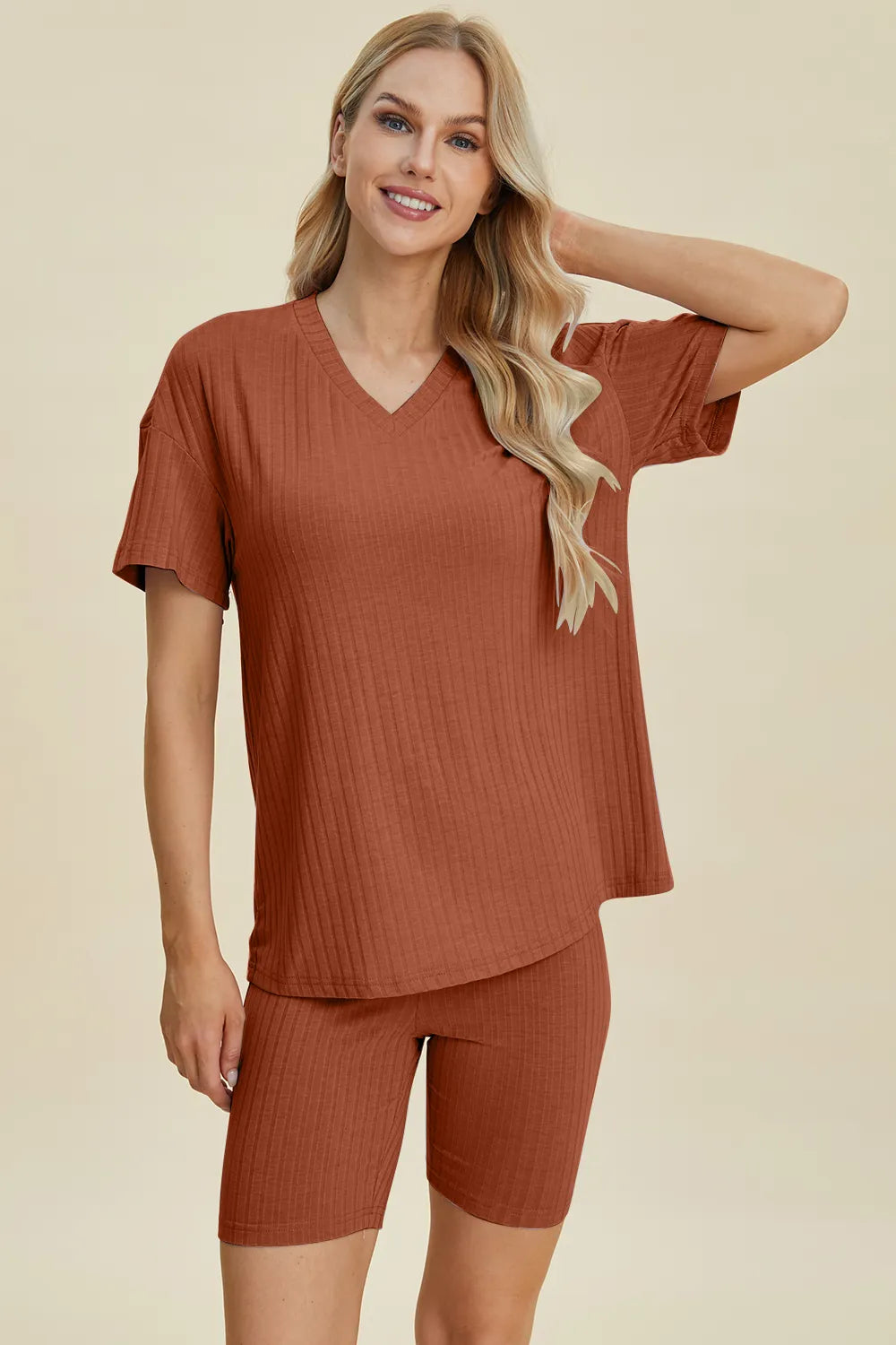 Basic Bae Full Size Ribbed V-Neck Short Sleeve Top and Shorts Set by Trendsi