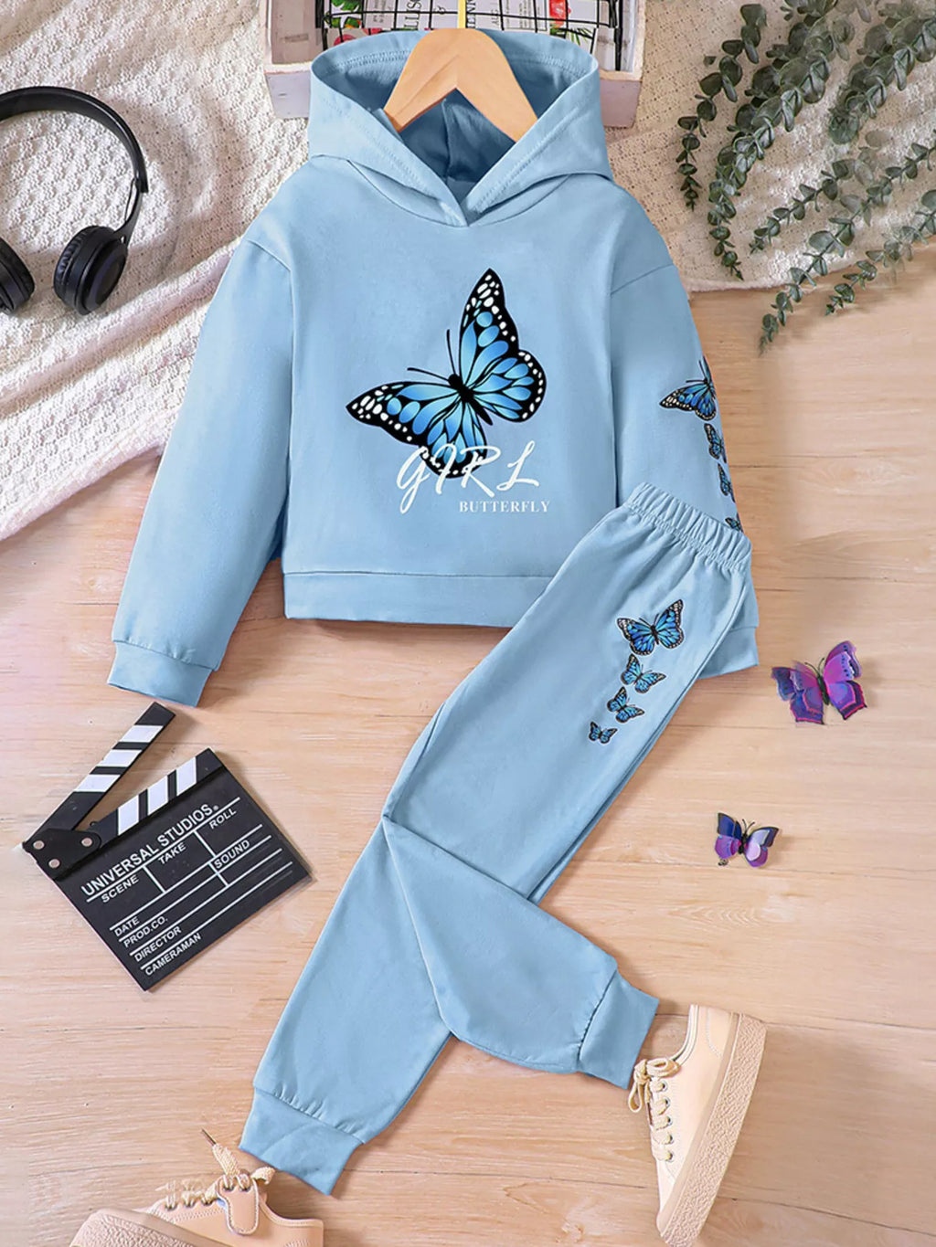 Childrens's Butterfly Print Hoodie & Pants Set by Trendsi