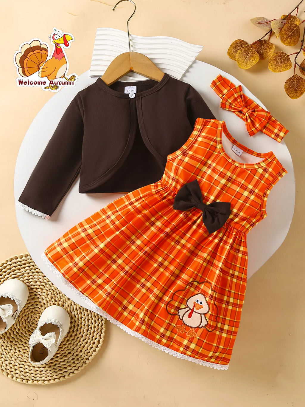 Children's Plaid Turkey Embroidered Bowknot Dress 3 Piece Set by Trendsi