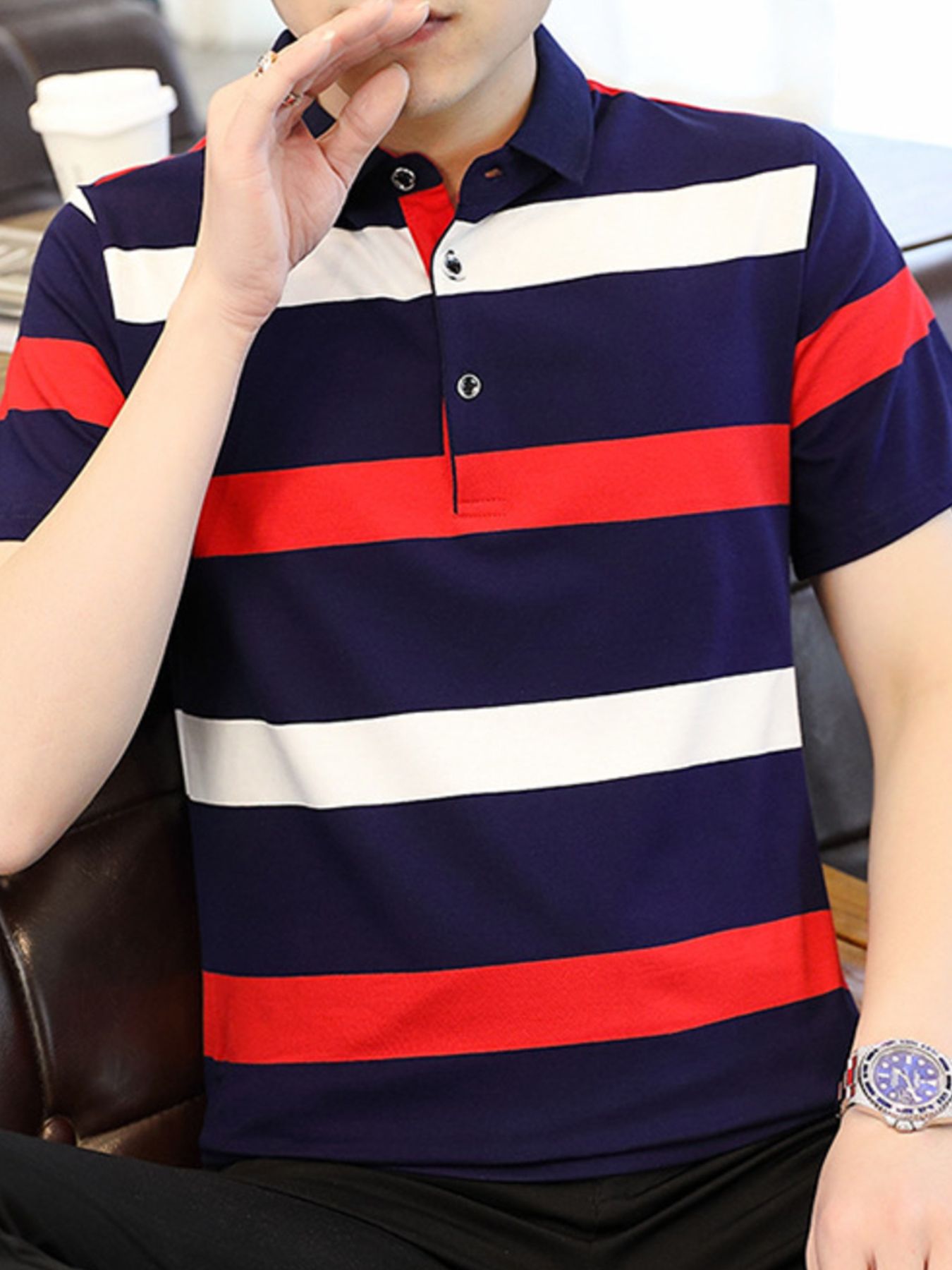 Men's Plus Size Striped Slim Fit Polo Shirt by Trendsi