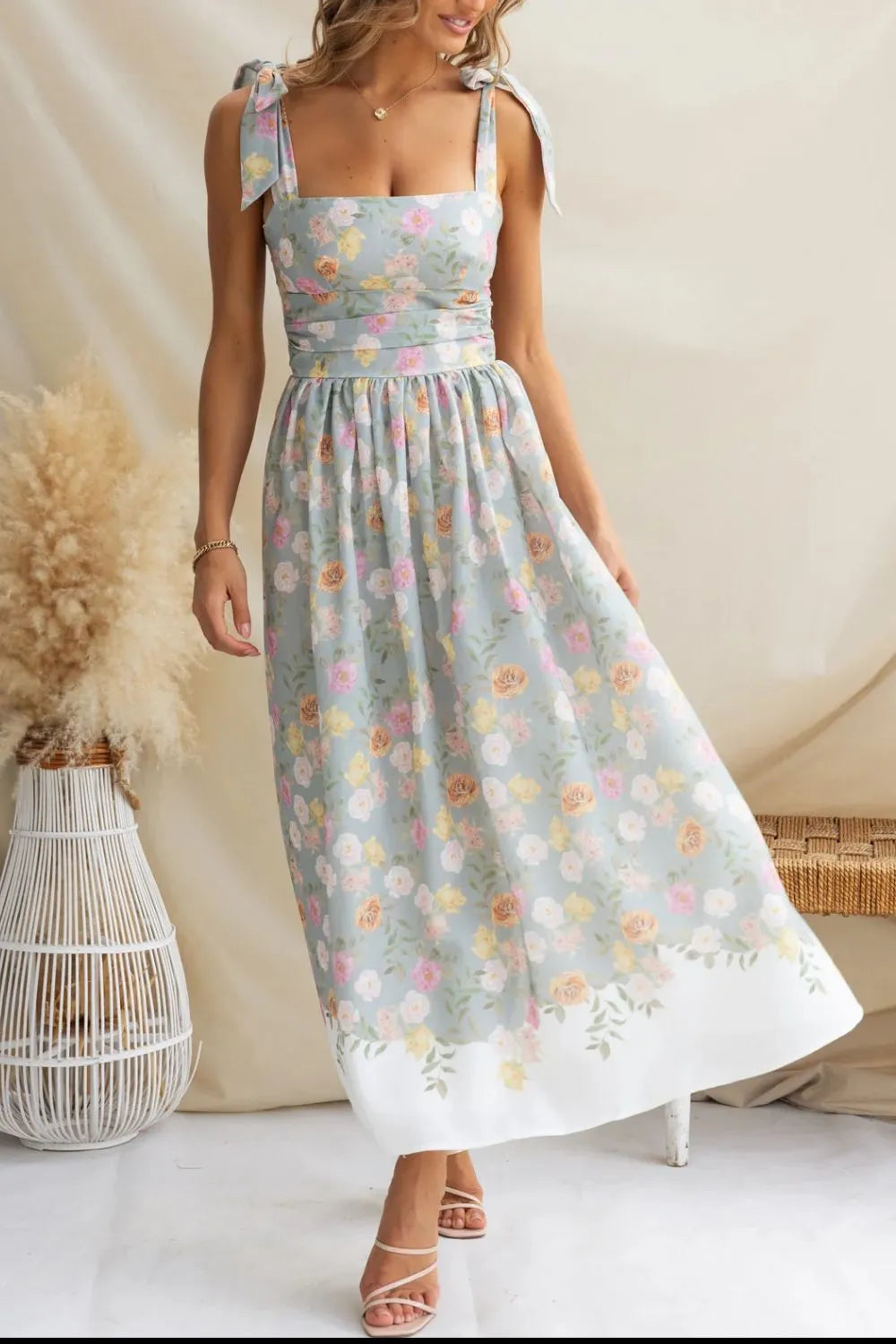 Printed Tie Shoulder Midi Cami Dress by Trendsi