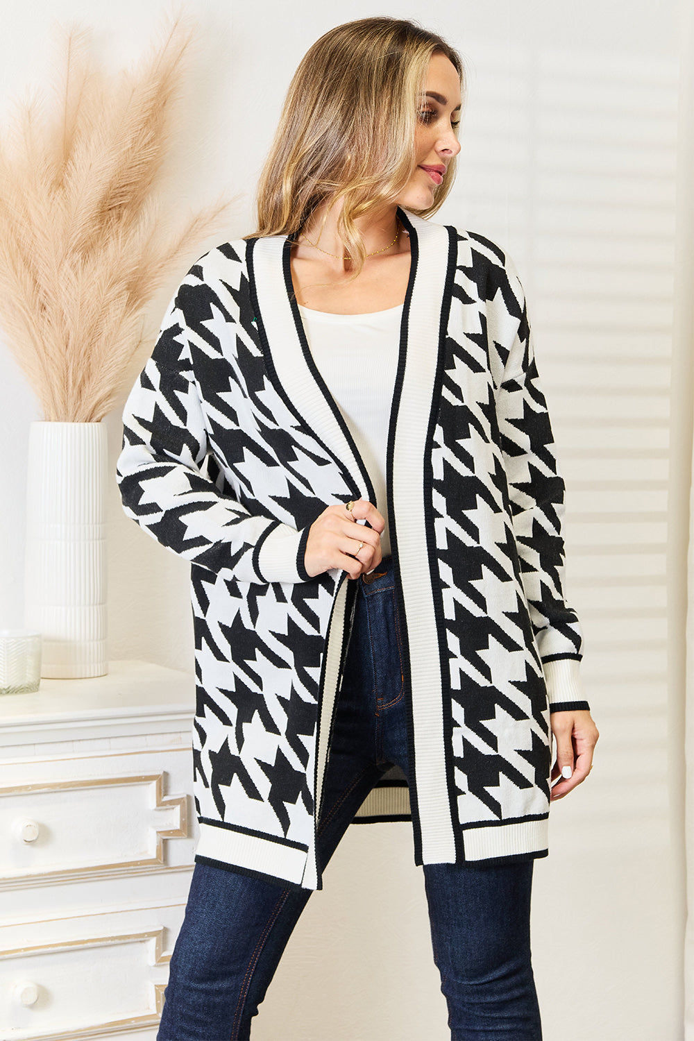 Mandy Woven Right Houndstooth Open Front Longline Cardigan by Trendsi