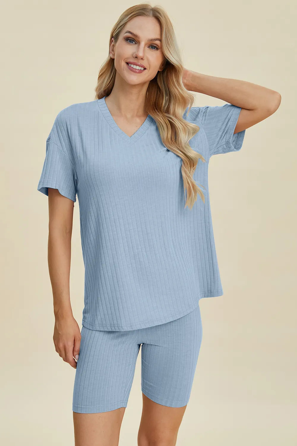 Basic Bae Full Size Ribbed V-Neck Short Sleeve Top and Shorts Set by Trendsi