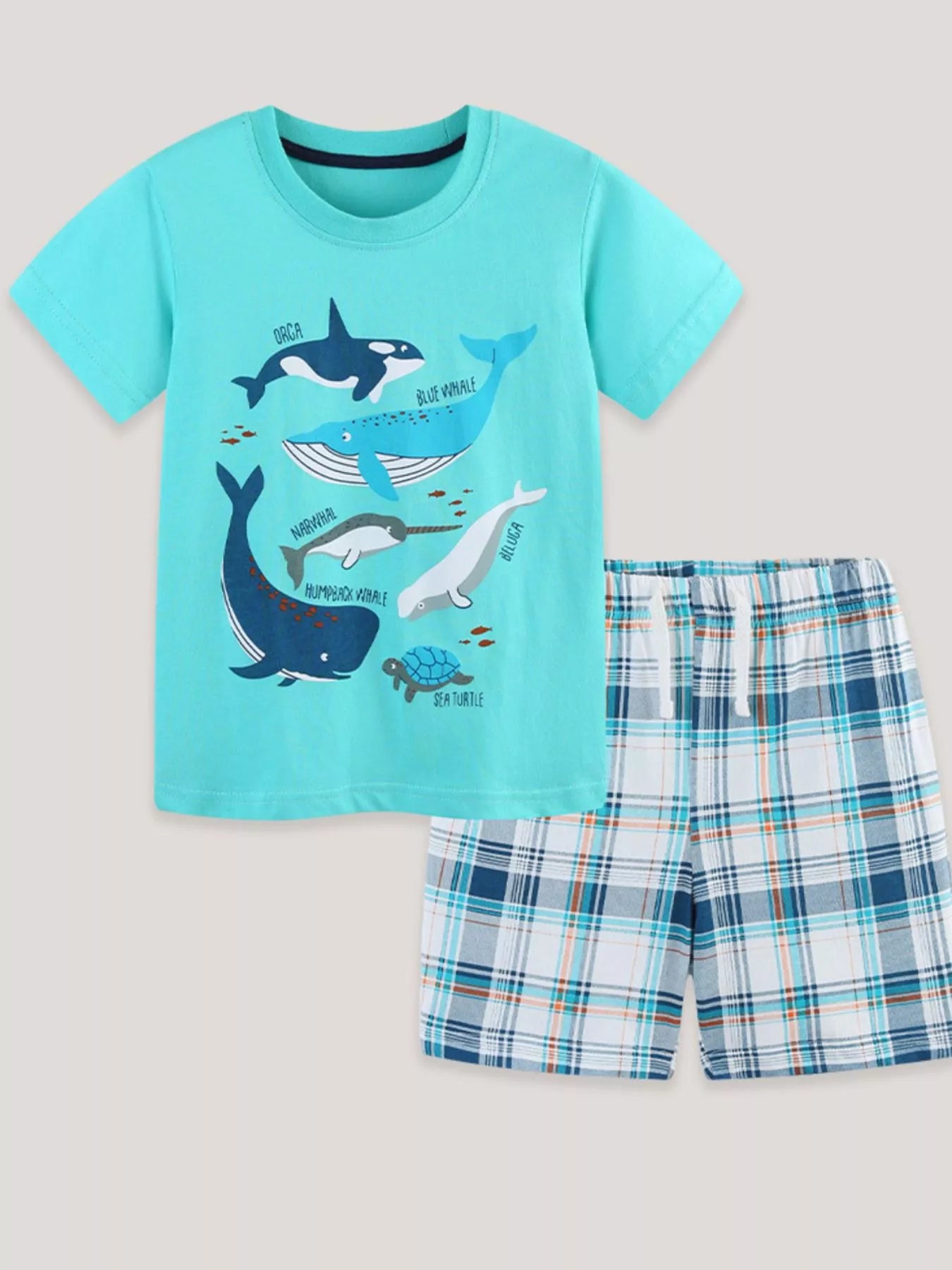 Children's Ocean Friends Tee and Plaid Shorts Set by Trendsi