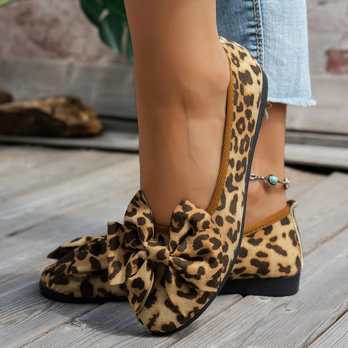 Leopard Bow Flat Slip-Ons by Trendsi