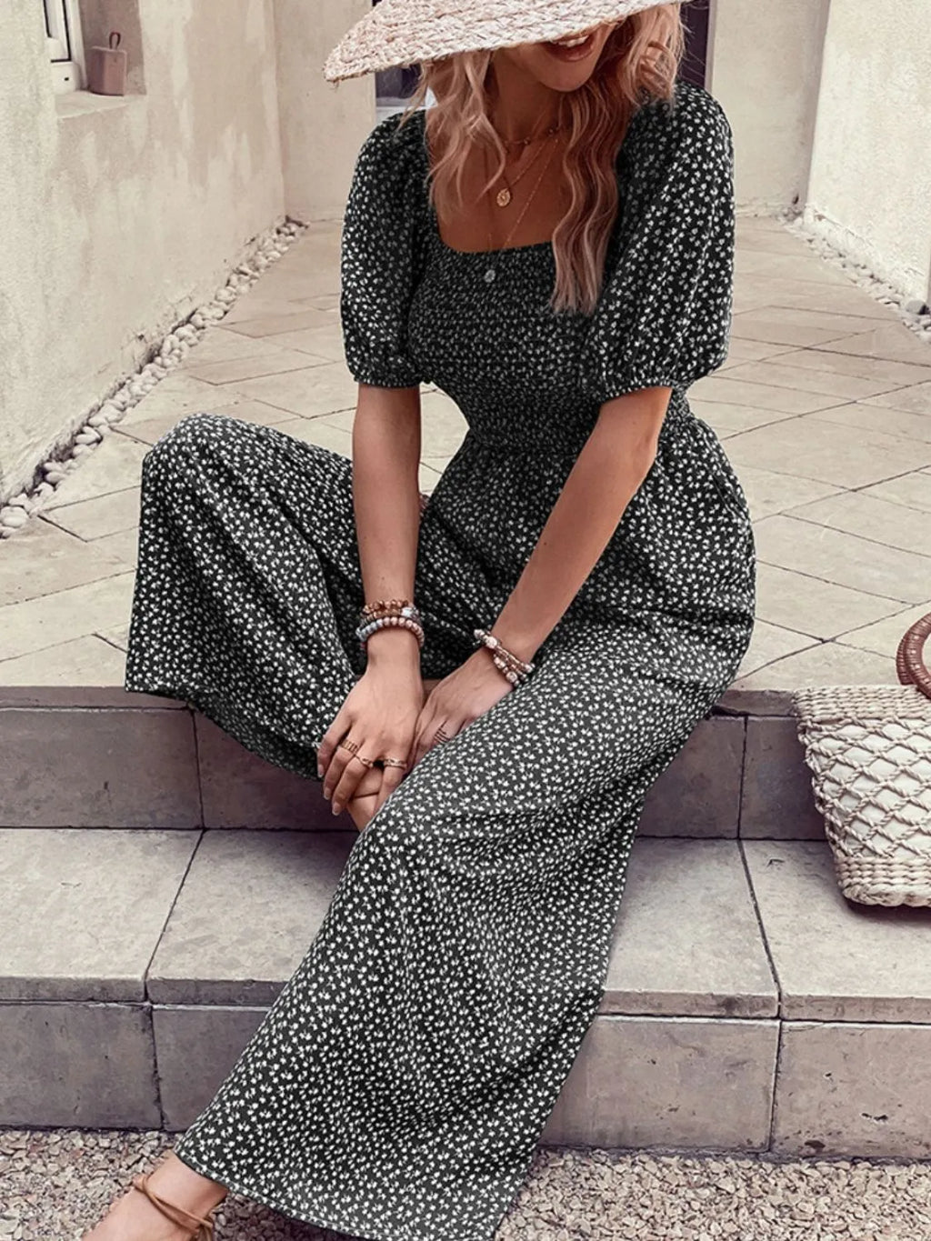 Printed Square Neck Puff Sleeve Jumpsuit by Trendsi
