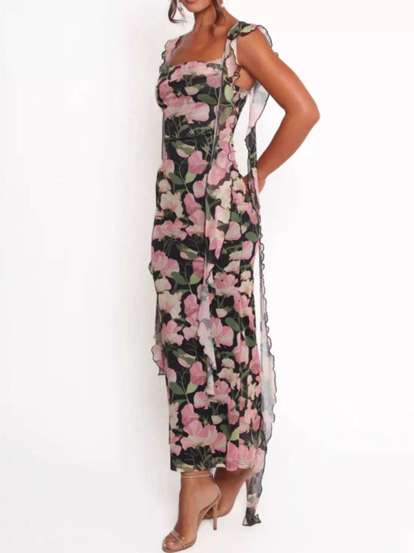 Floral Print Ruffle Trim Bodycon Maxi Dress by Trendsi
