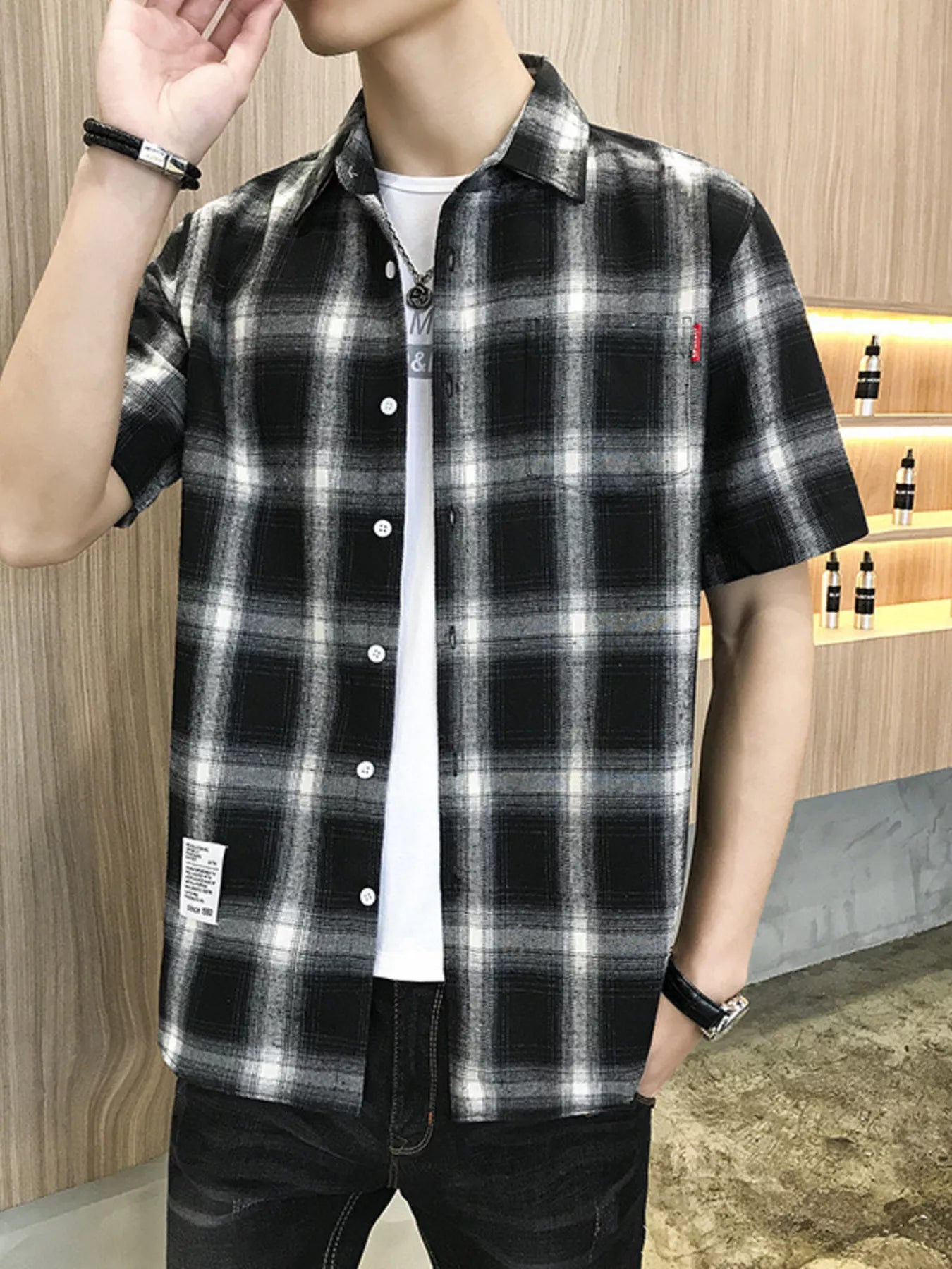 Men's Plus Size Plaid Button-Down Short Sleeve Shirt by Trendsi