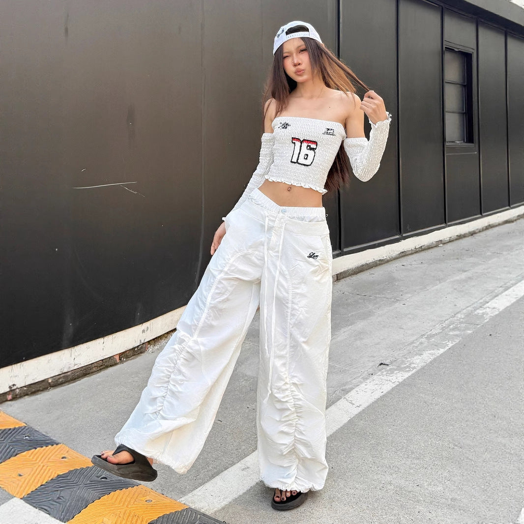 Ruffle Drawstring Lace Letters Embroidered Slacks by DC-THE CEO