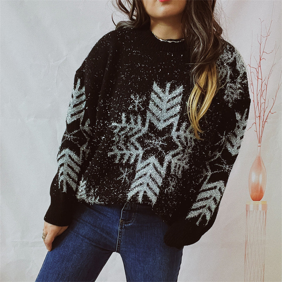Snowflake Pattern Long Sleeve Sweater by Trendsi