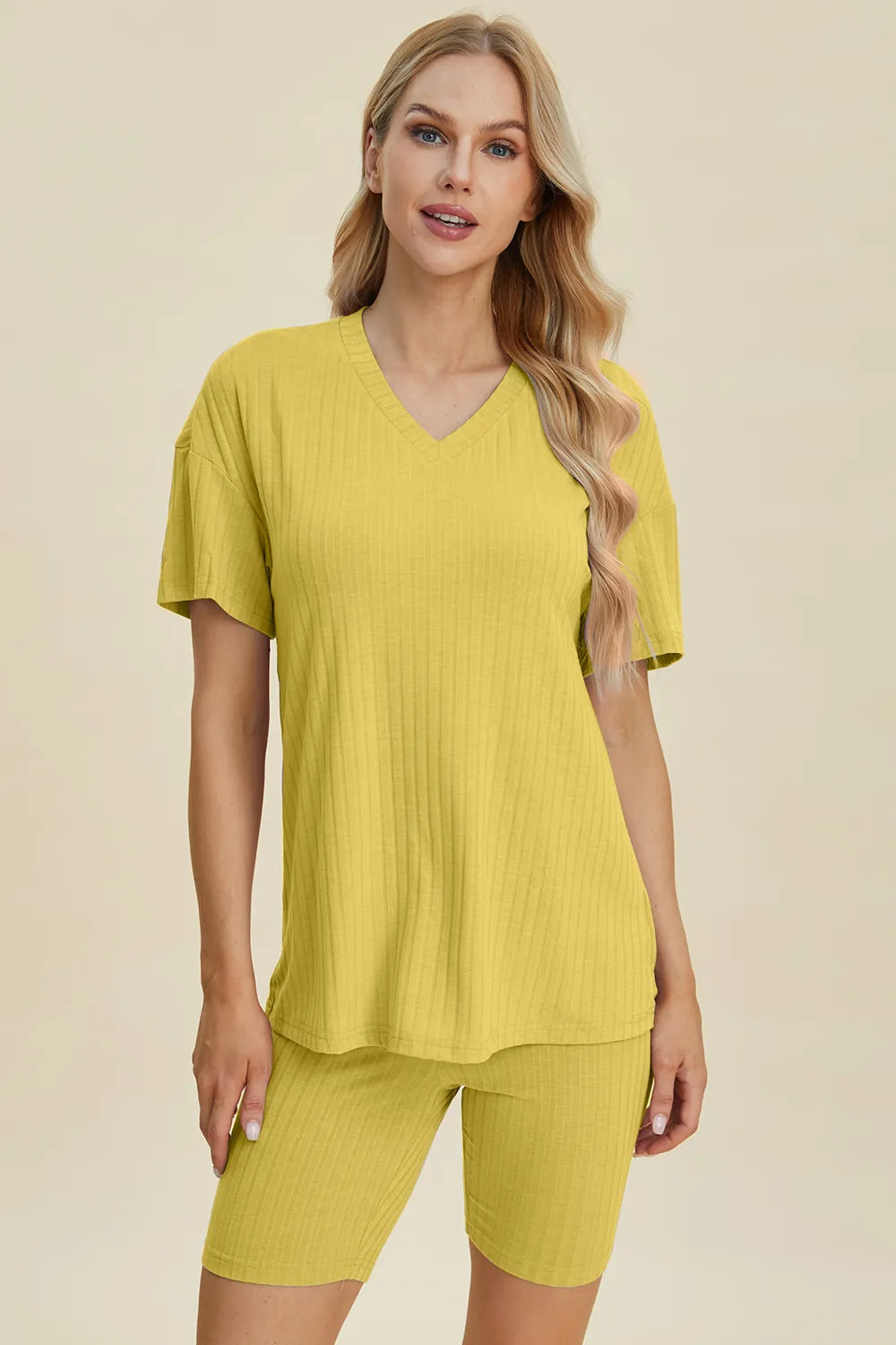 Basic Bae Full Size Ribbed V-Neck Short Sleeve Top and Shorts Set by Trendsi