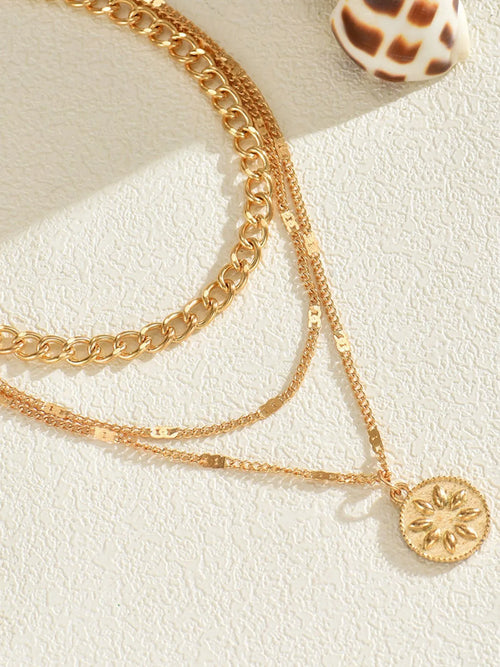 18K Gold-Plated Layered Necklace with Sun Medallion Pendant by Trendsi