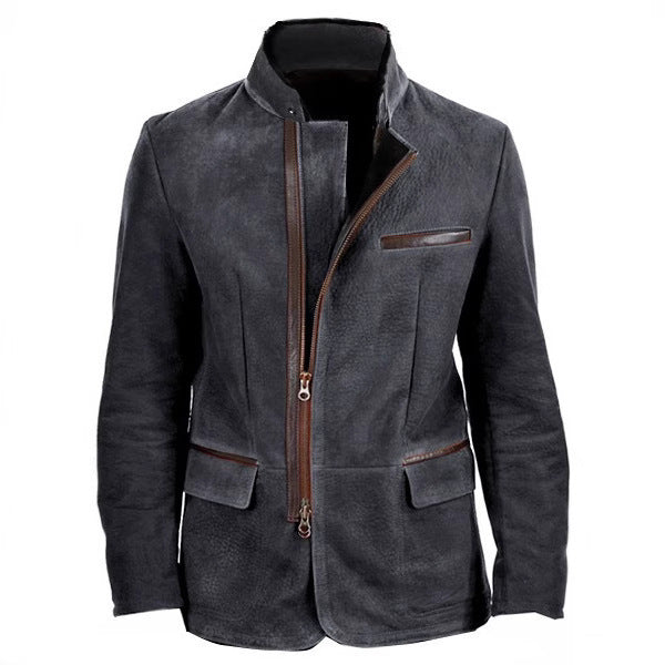 Vintage Jacket Men's Casual Coat Stand Collar Zipper Tooling Patchwork Top by Estely