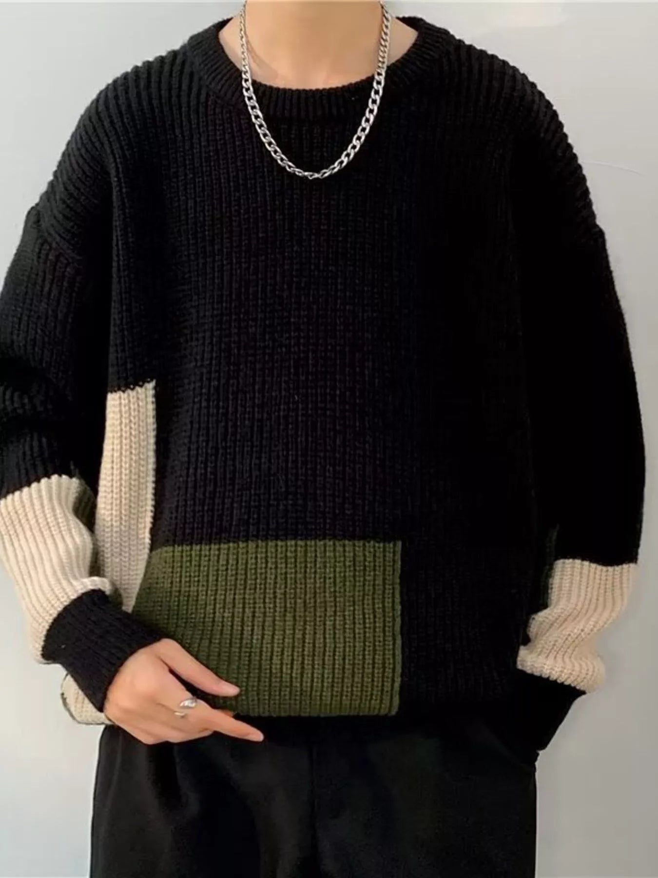 Men's Plus Size Color Block Long Sleeve Sweater by Trendsi