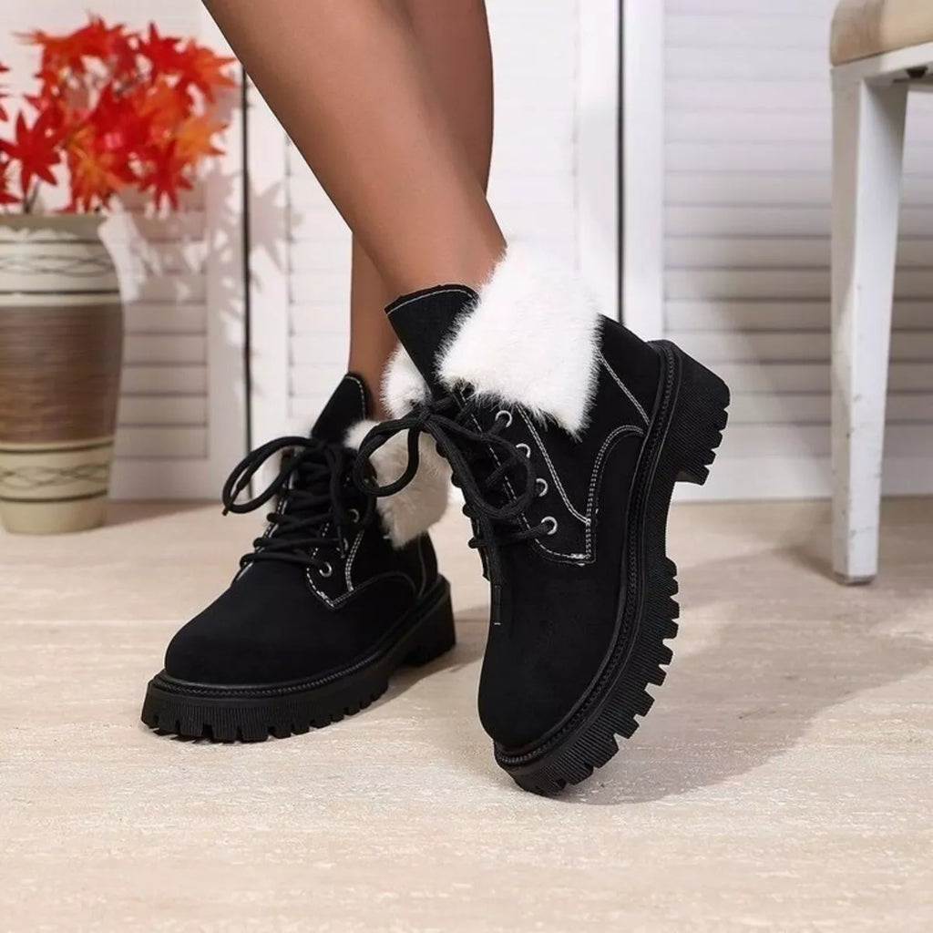 Lace Up Round Toe Block Heels Boots by Trendsi