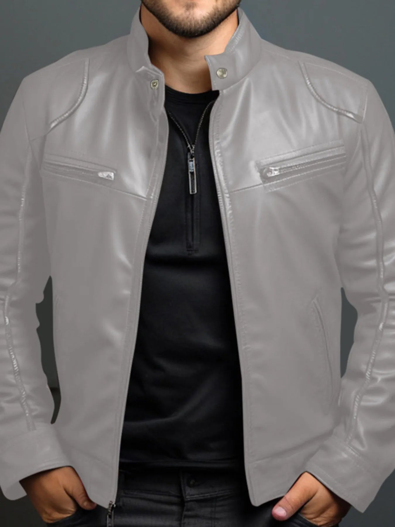Men's Full Size Leather Motorcycle Jacket with Zipper Front Plus Size by Trendsi