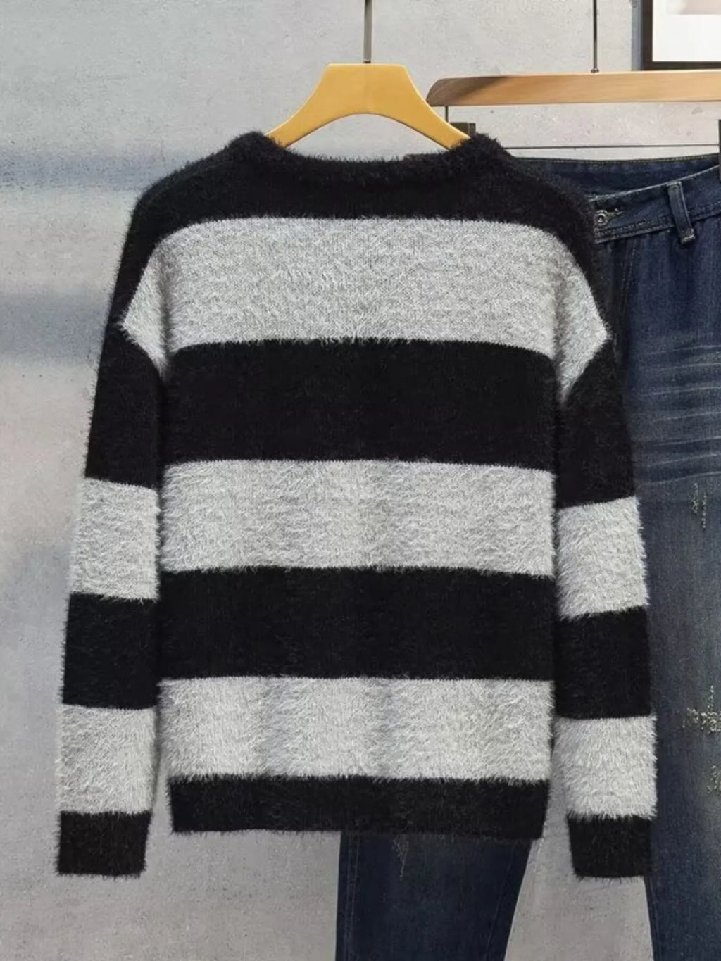 Men's Plus Size Striped Fuzzy Knit Pullover Sweater by Trendsi