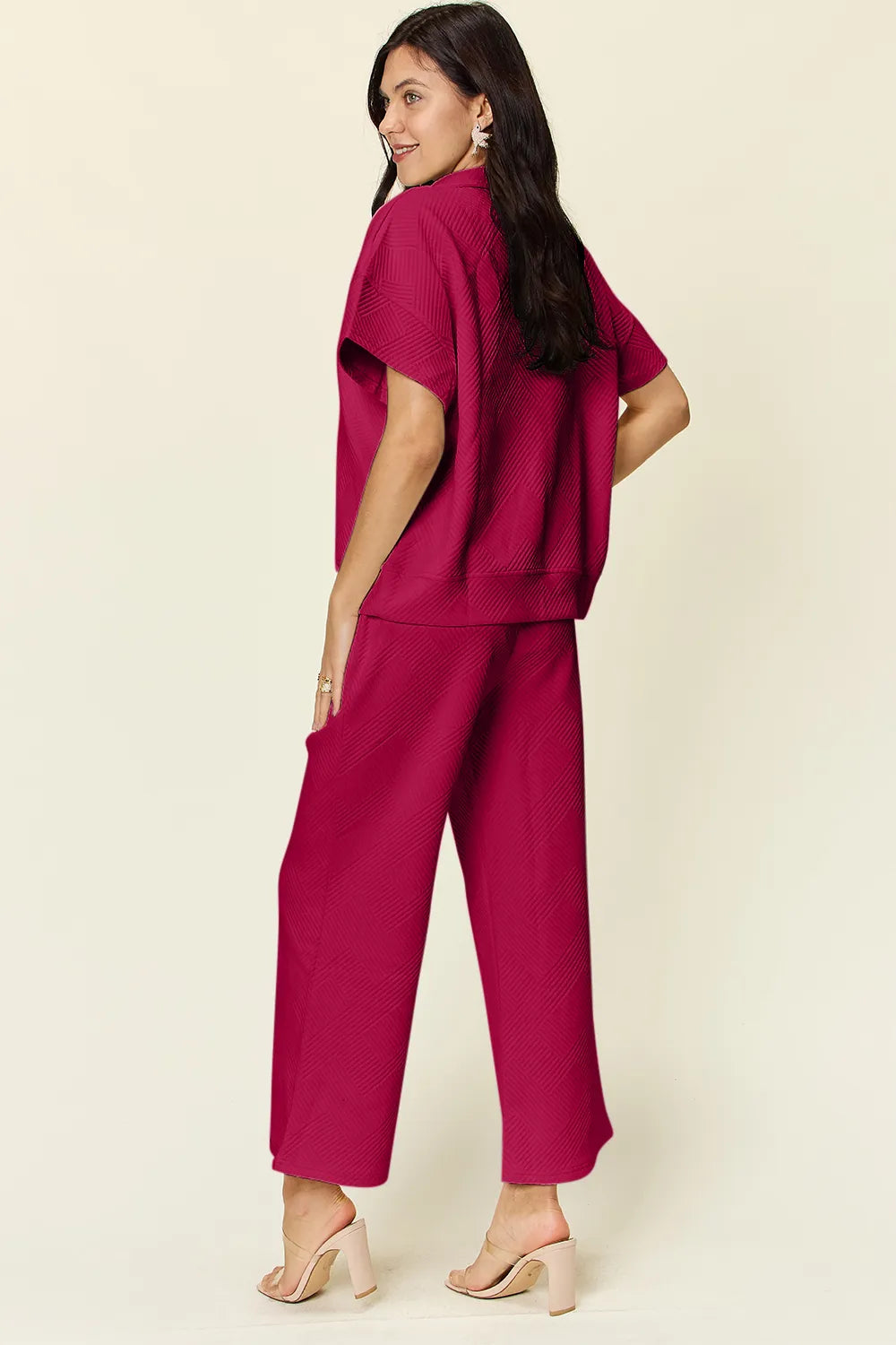 Double Take Full Size Texture Half Zip Short Sleeve Top and Pants Set by Trendsi