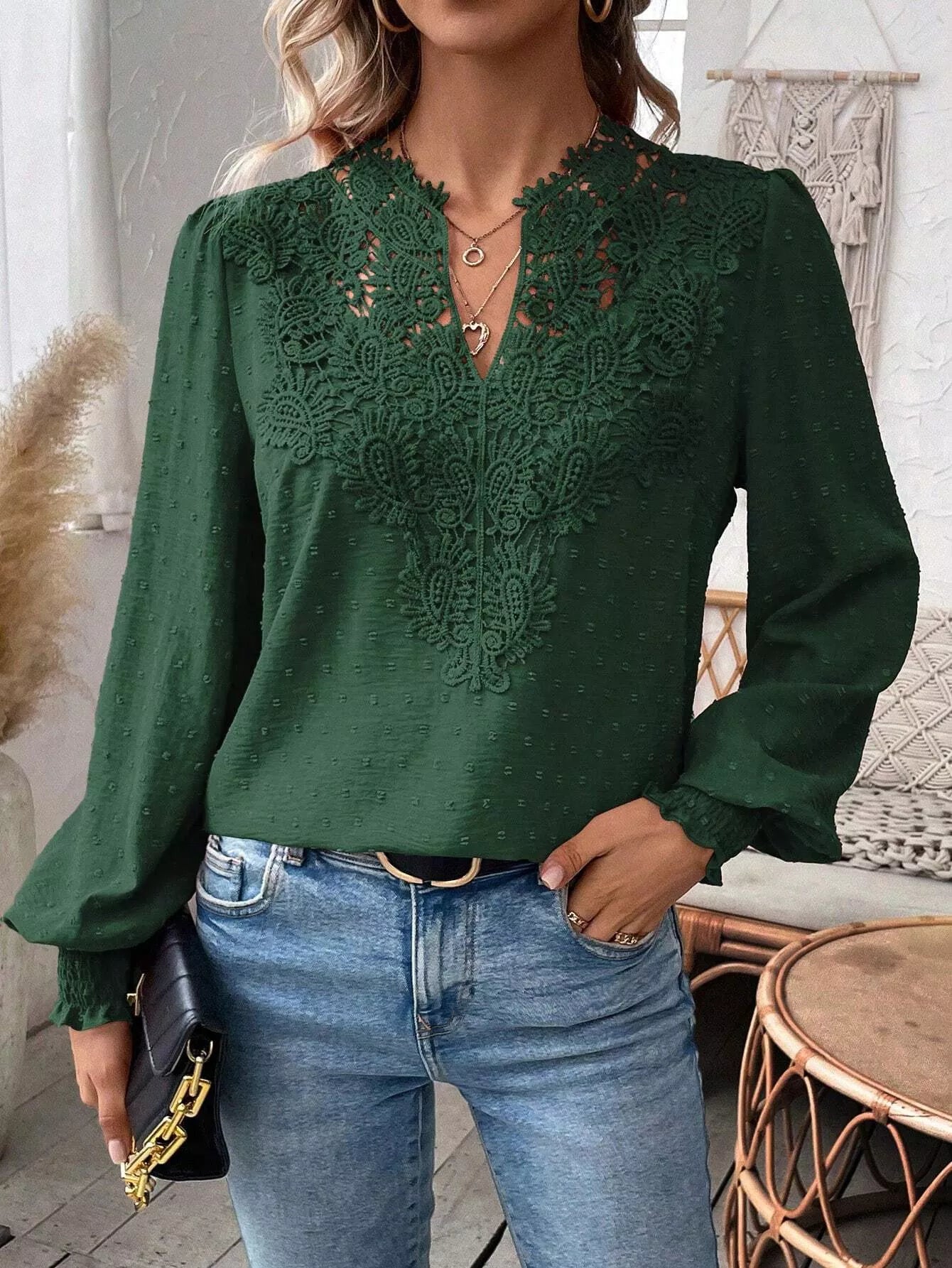 Swiss Dot Lace Detail Long Sleeve Blouse by Trendsi