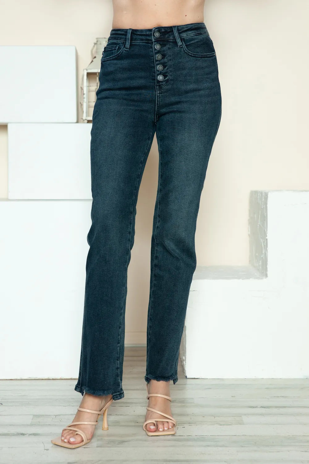 Judy Blue Full Size Button Fly Hem Destroy Straight Jeans by Trendsi