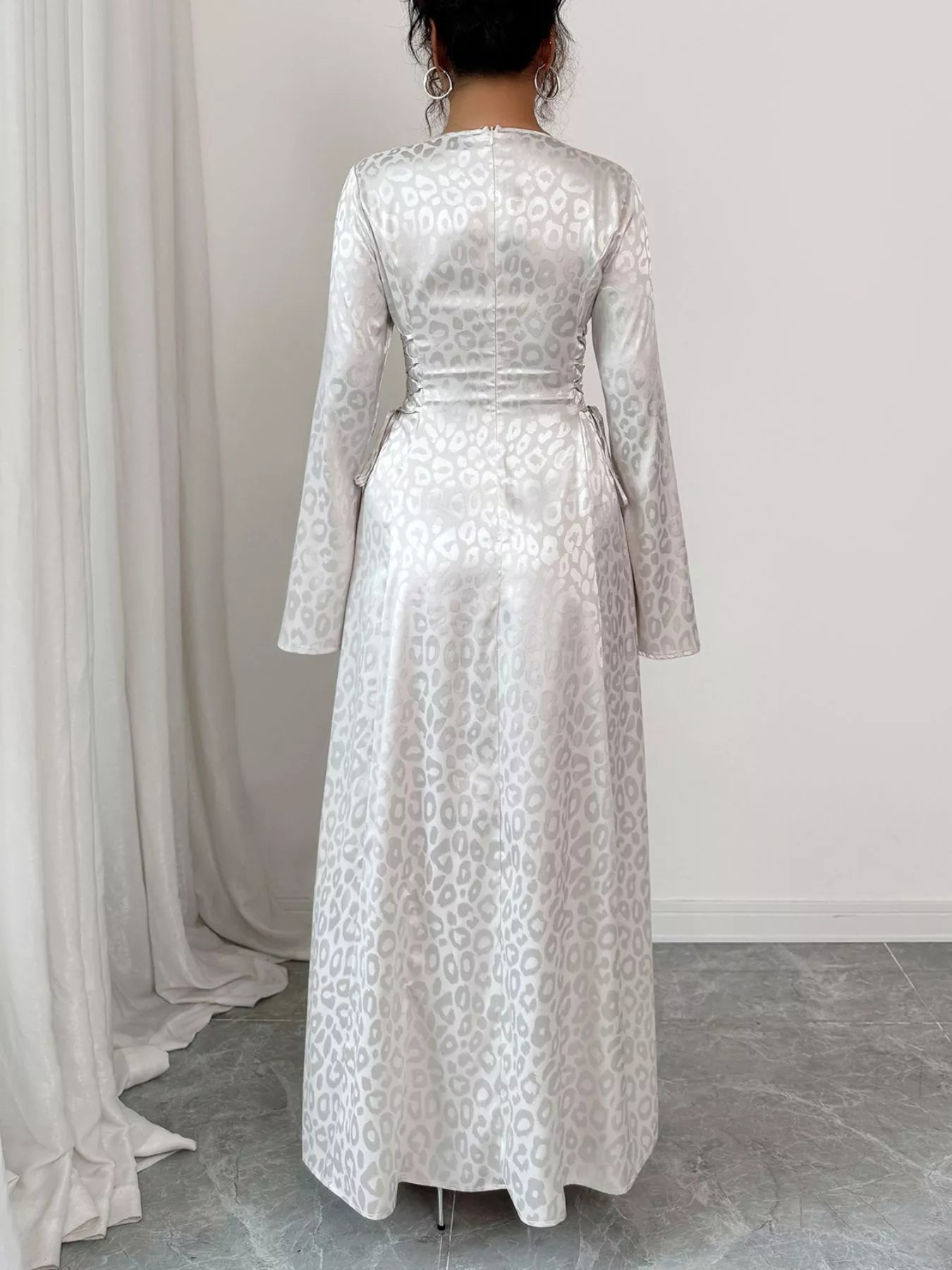 Leopard Lace Up Long Sleeve Maxi Dress by Trendsi