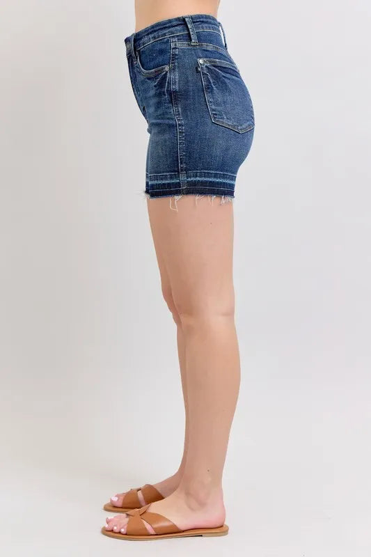 Judy Blue Full Size High Waist Tummy Control Destroy Release Hem Denim Shorts Plus Size by Trendsi