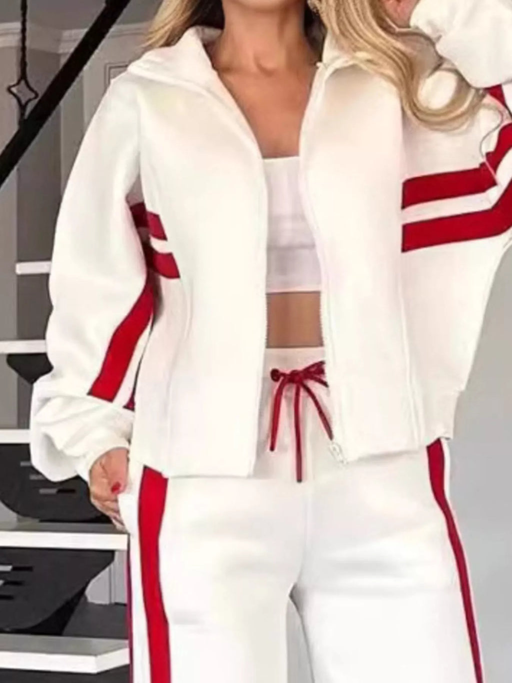 Full Size Contrast Stripe Zip Up Jacket and Pants Set Plus Size by Trendsi