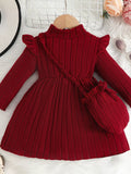 Children's Ribbed Knit Ruffle Trim Dress with Bag by Trendsi