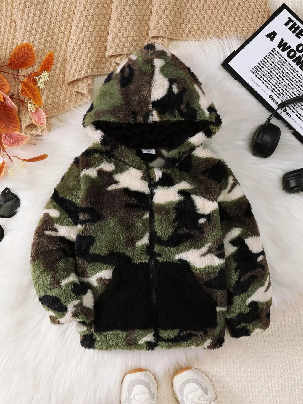 Children's Camouflage Plush Hooded Jacket by Trendsi