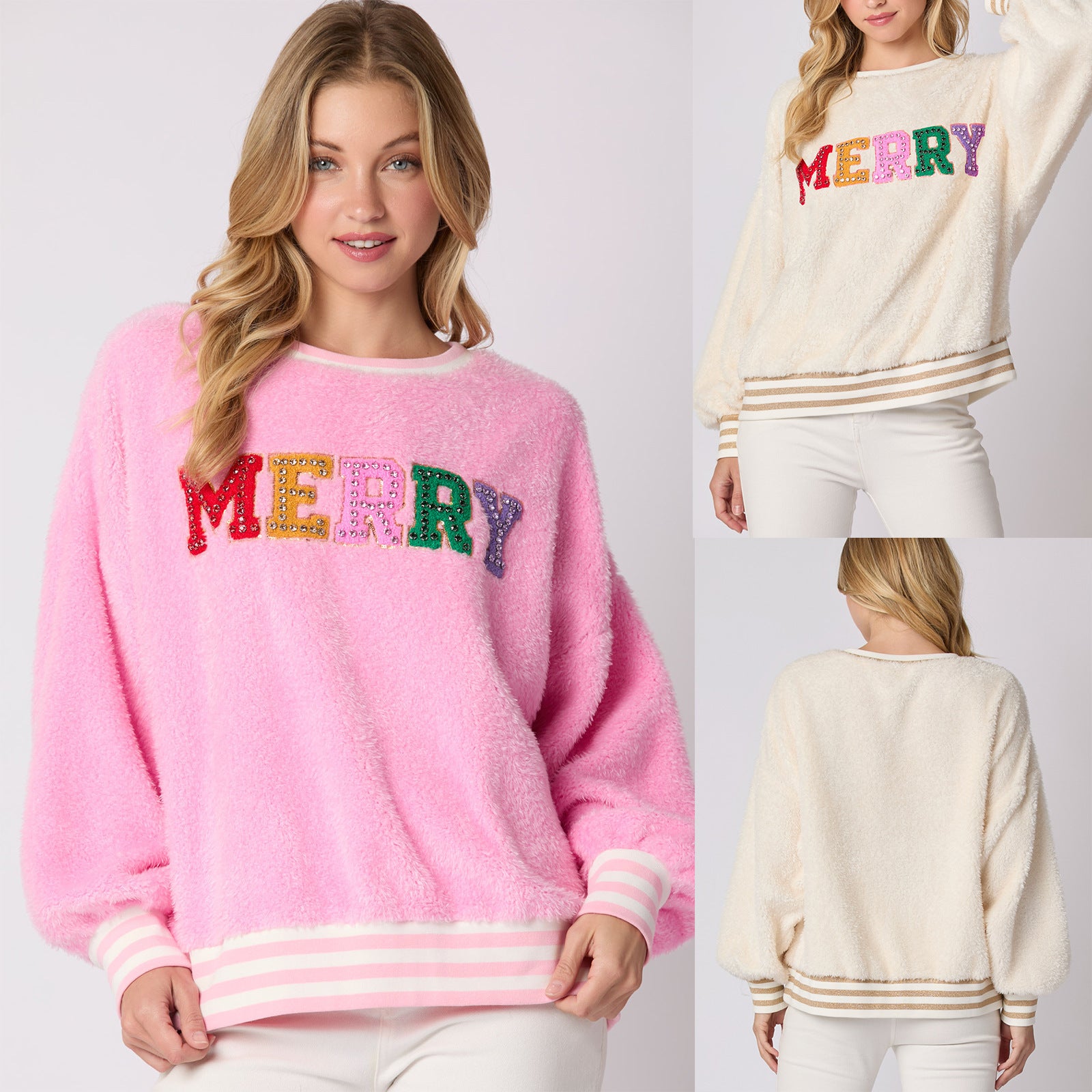 Letter Rhinestone Long Sleeve Pullover Hoodie Round Neck by DC-THE CEO