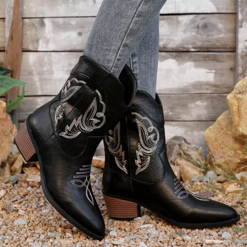 Western Cowboy Boots with Embroidered Design by Trendsi