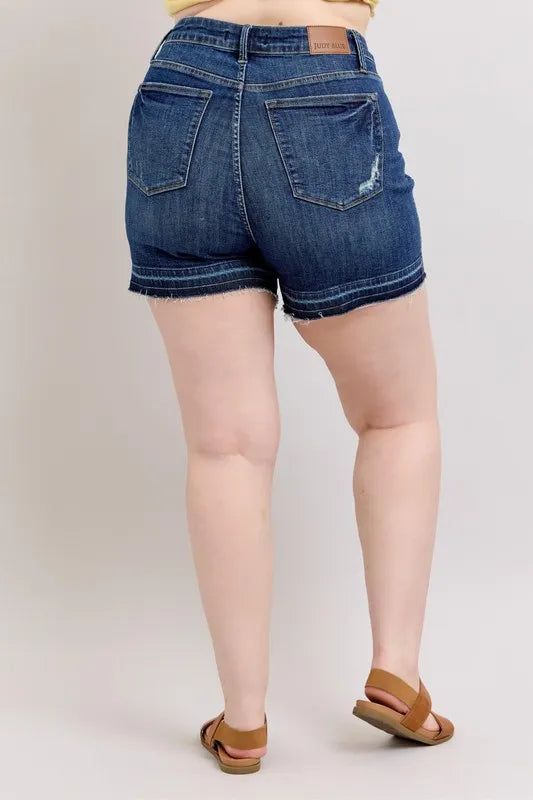 Judy Blue Full Size High Waist Tummy Control Destroy Release Hem Denim Shorts Plus Size by Trendsi