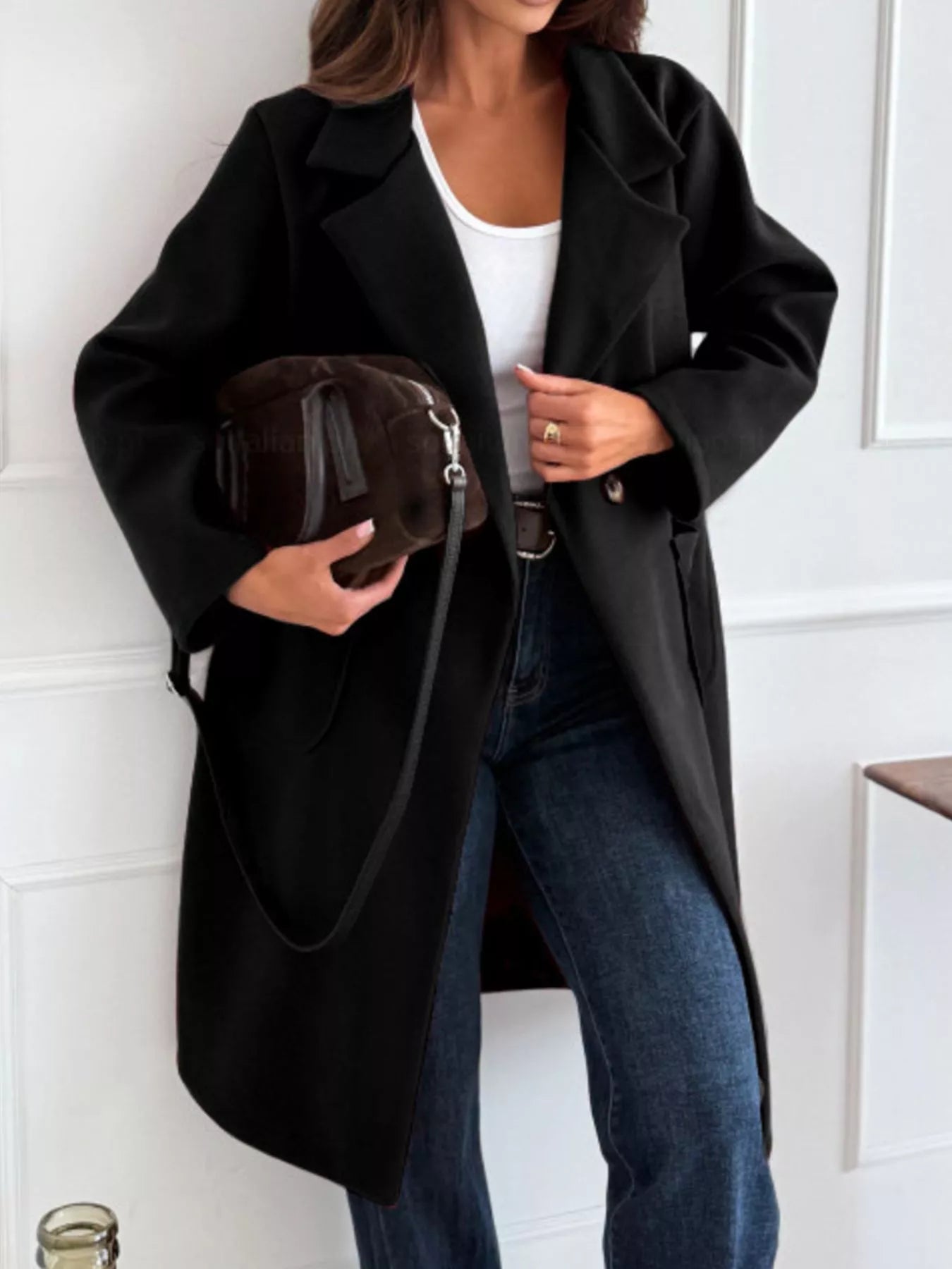 Long-Sleeve Single-Breasted Trench Coat by Trendsi