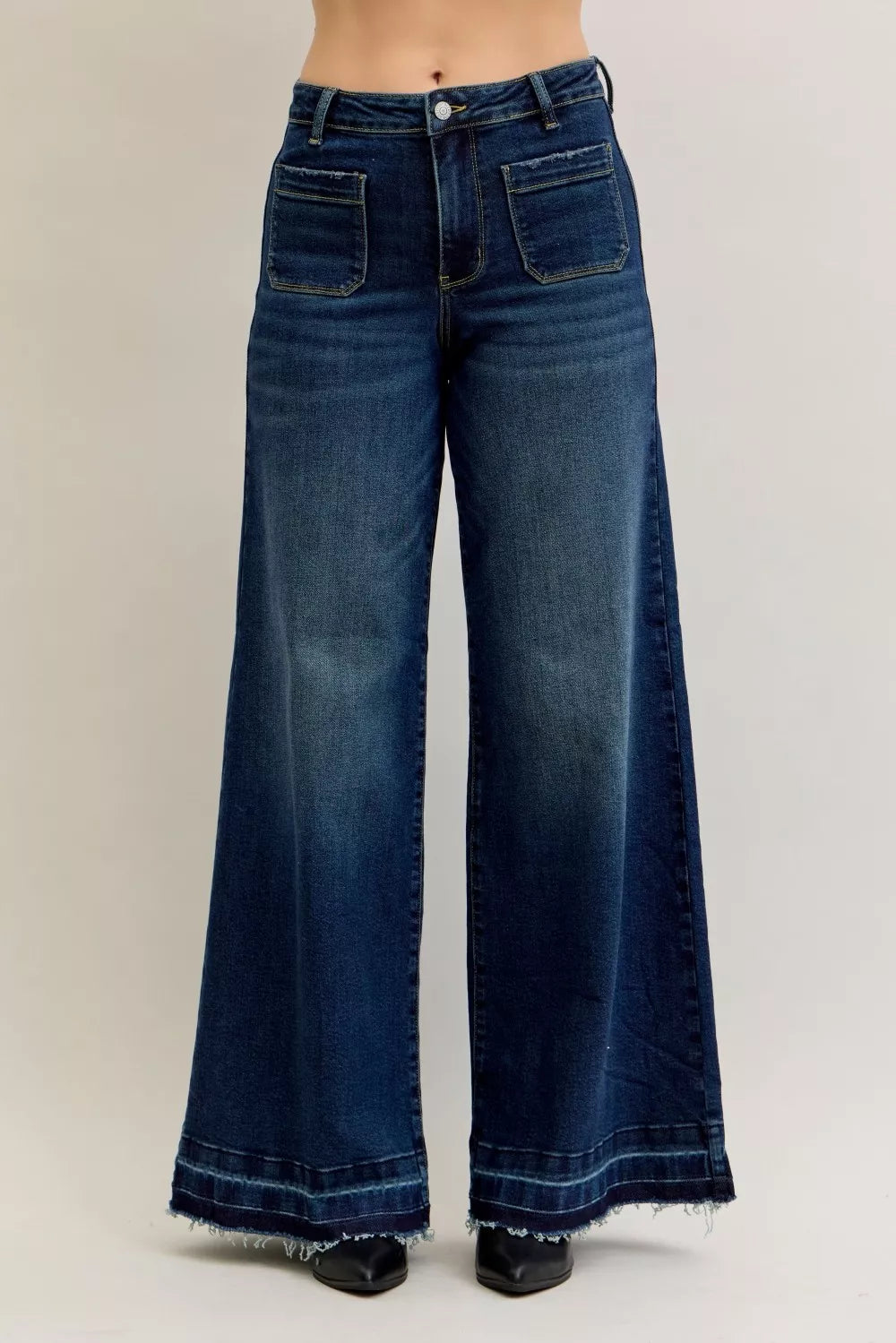 Judy Blue High Waist Palazzo Jeans with Front Patch Pockets by Trendsi