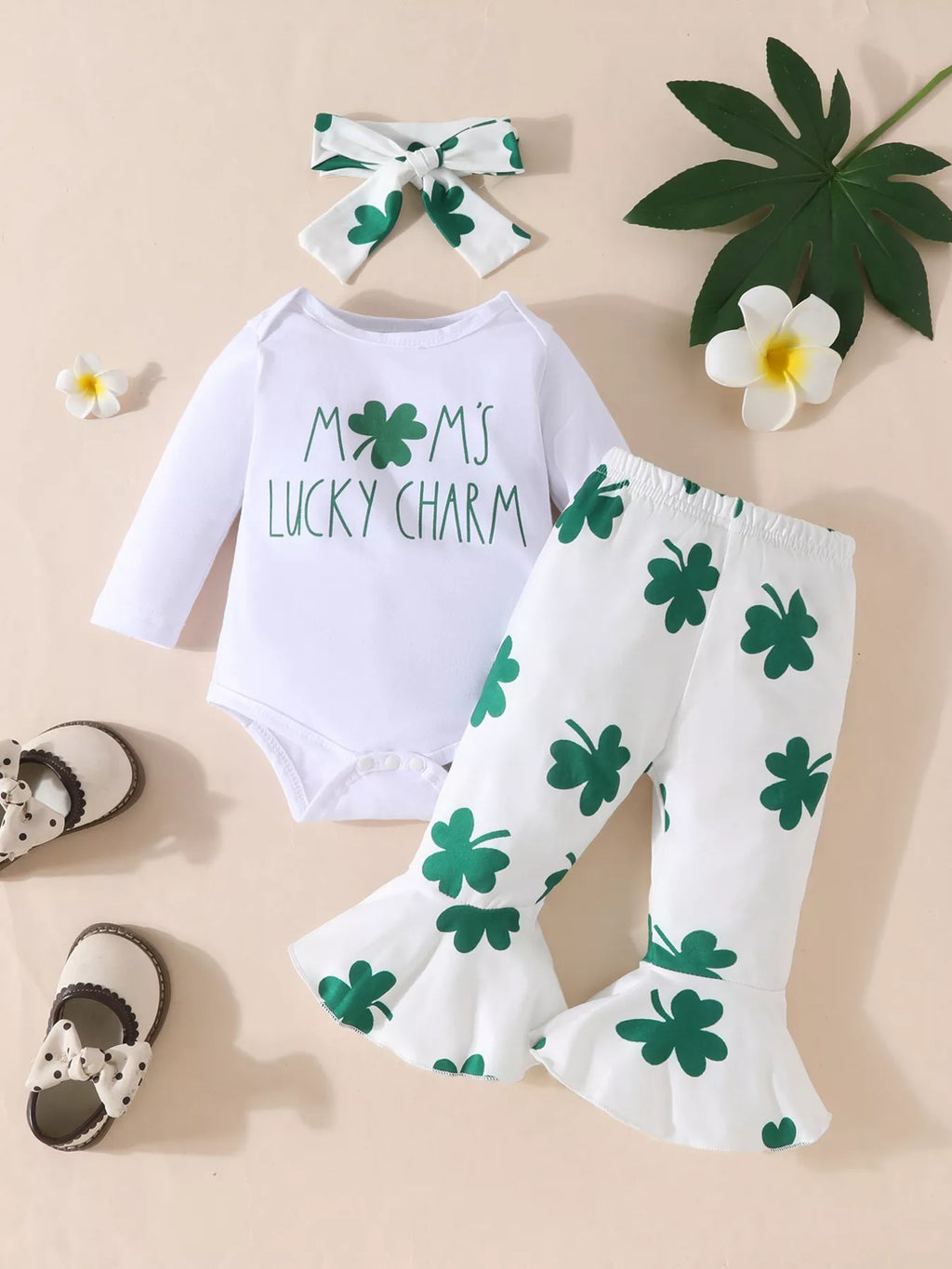 Children's Lucky Clover Long Sleeve Bodysuit and Flare Pants Set with Headband by Trendsi