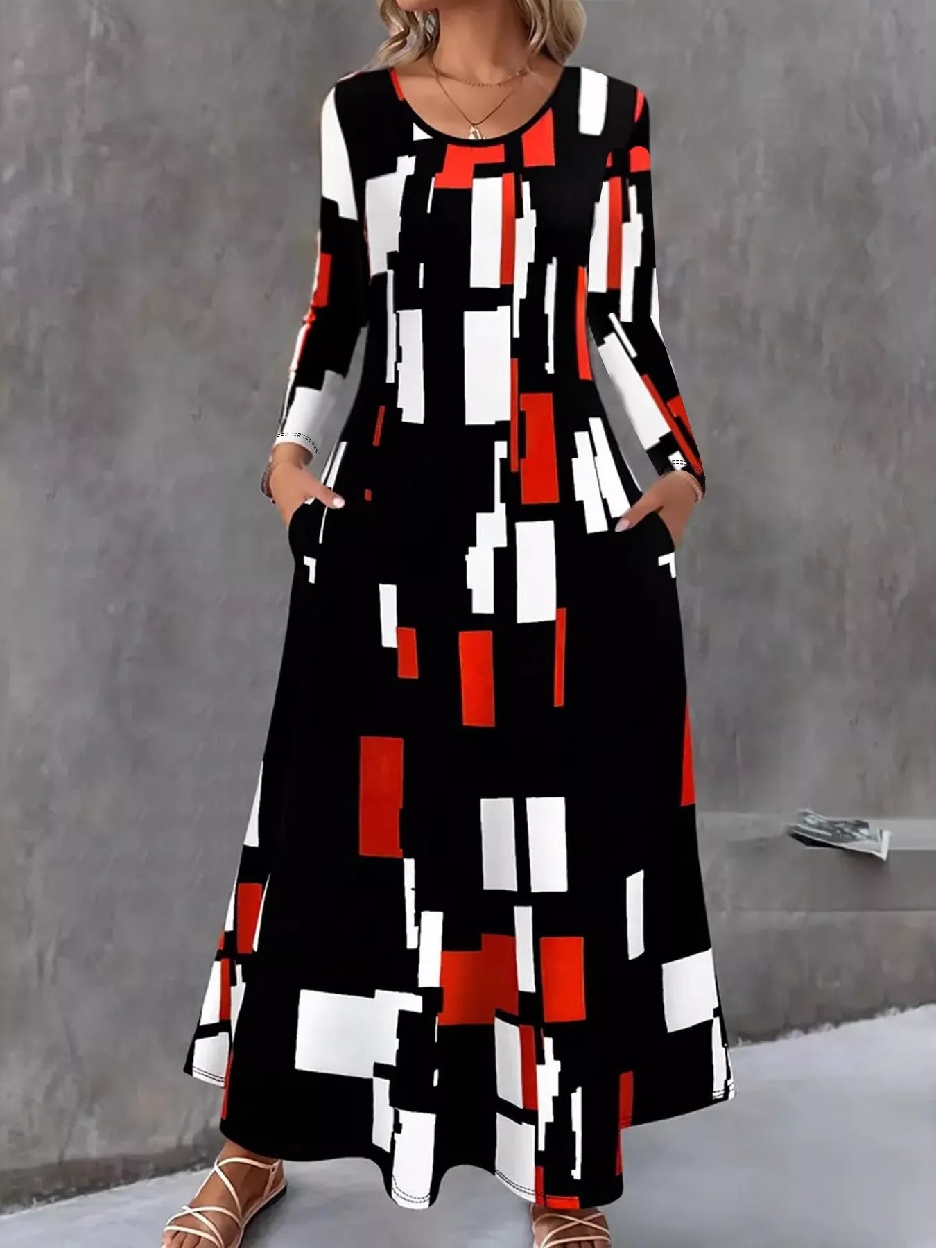 Geometric Print Long Sleeve Maxi Dress by Trendsi