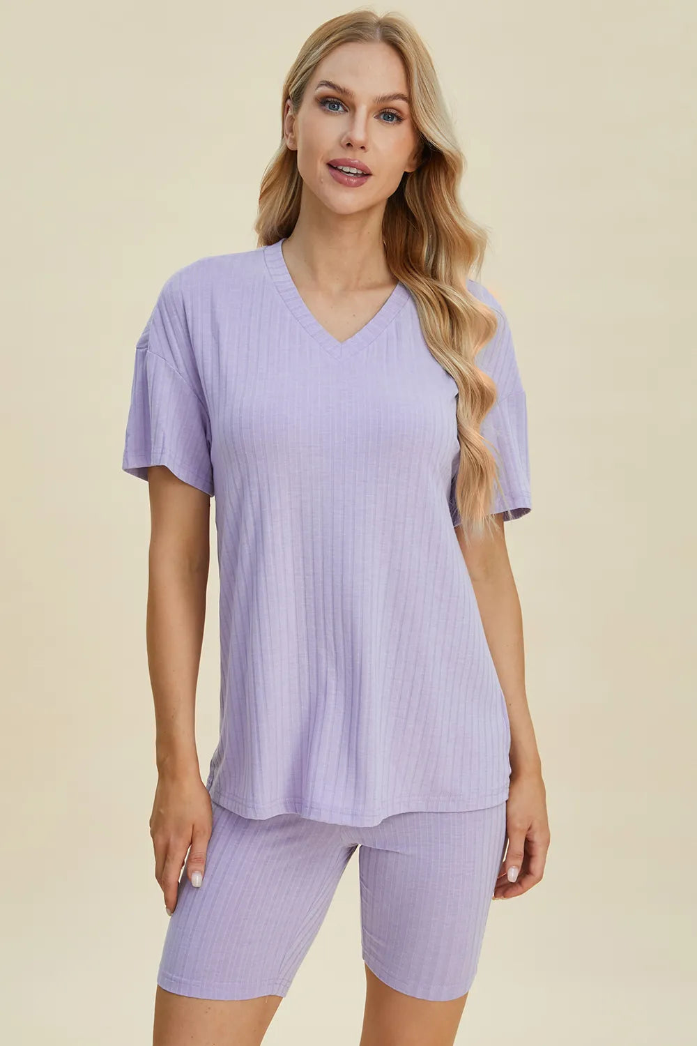 Basic Bae Full Size Ribbed V-Neck Short Sleeve Top and Shorts Set by Trendsi