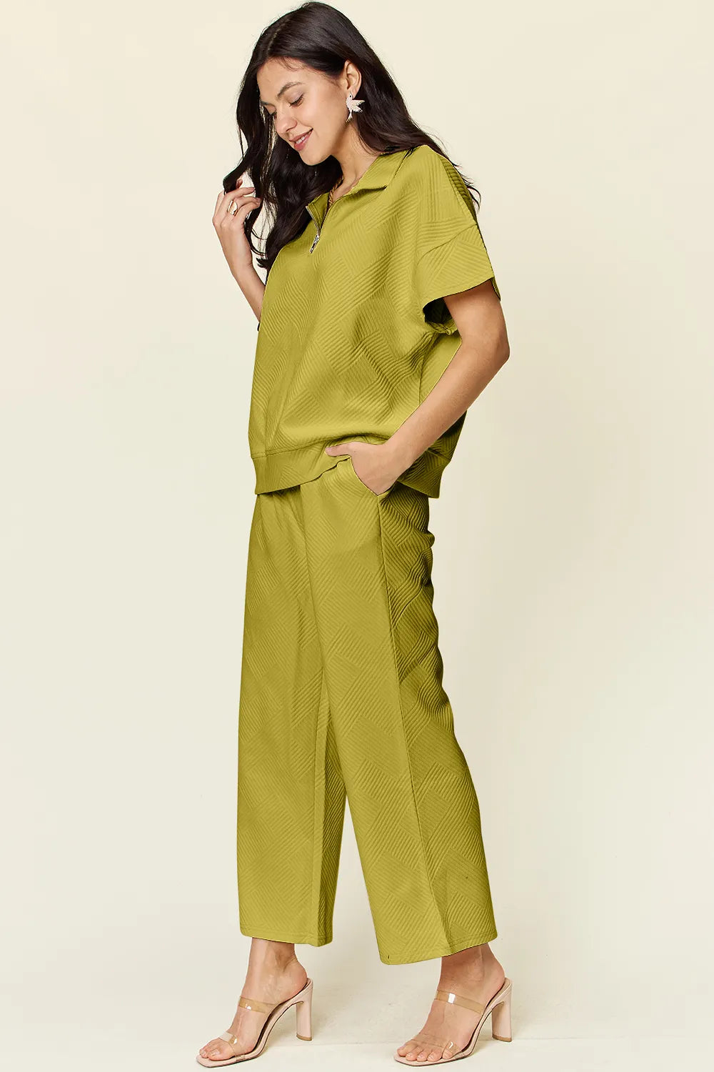 Double Take Full Size Texture Half Zip Short Sleeve Top and Pants Set by Trendsi