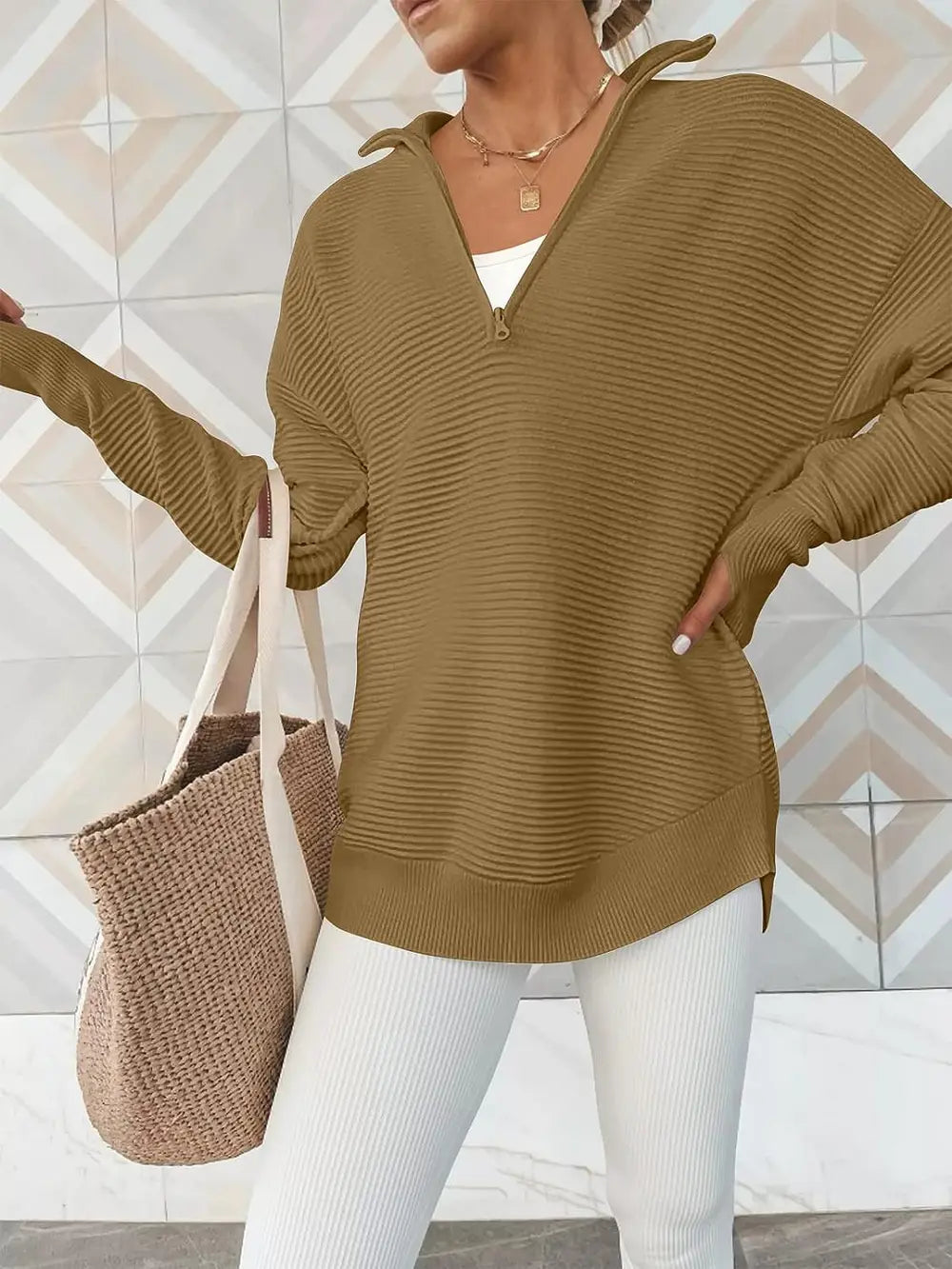 Half Zip Long Sleeve Knit Top by Trendsi