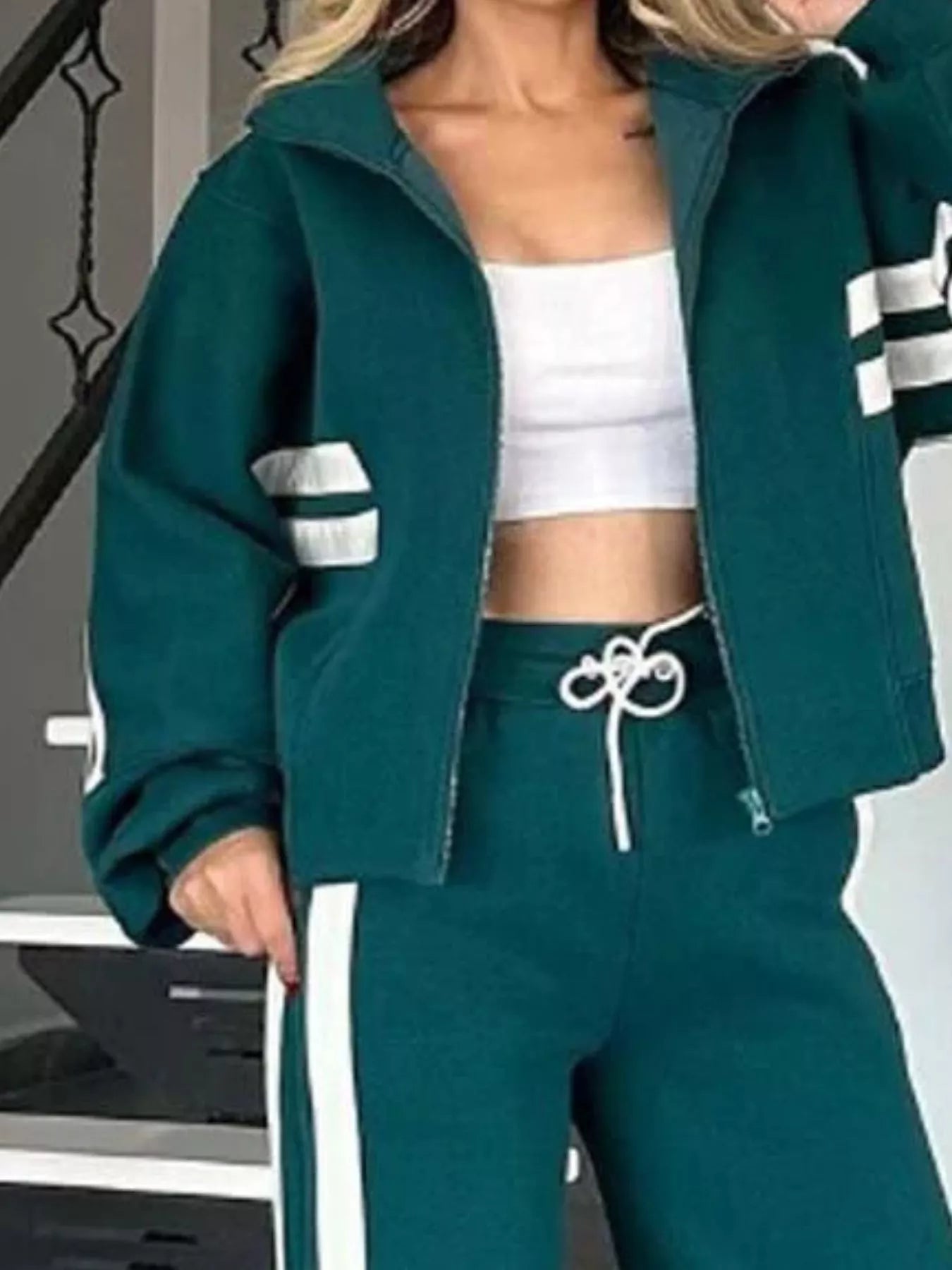 Full Size Contrast Stripe Zip Up Jacket and Pants Set Plus Size by Trendsi