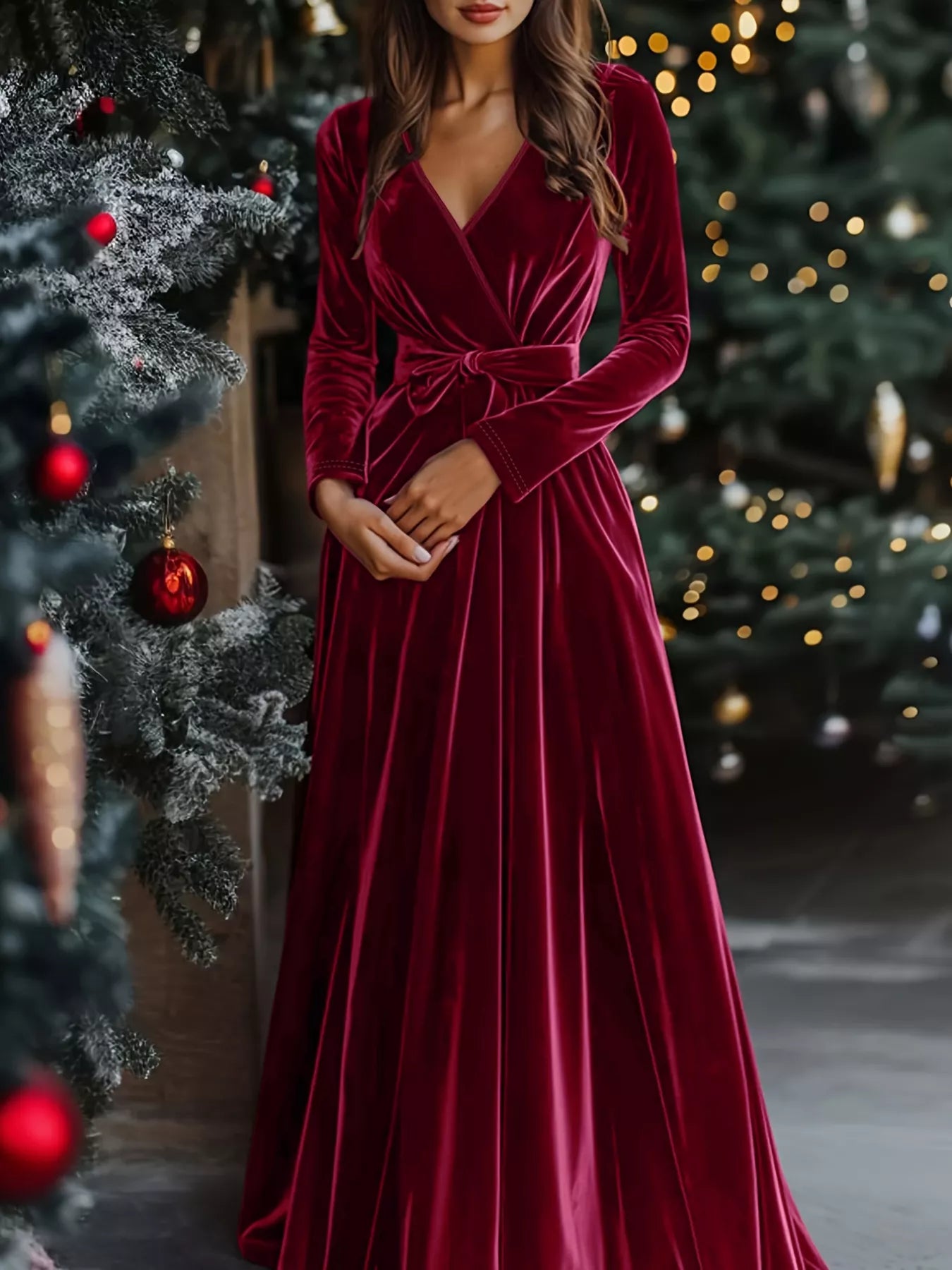Velvet Wrap Surplice Maxi Dress by Trendsi