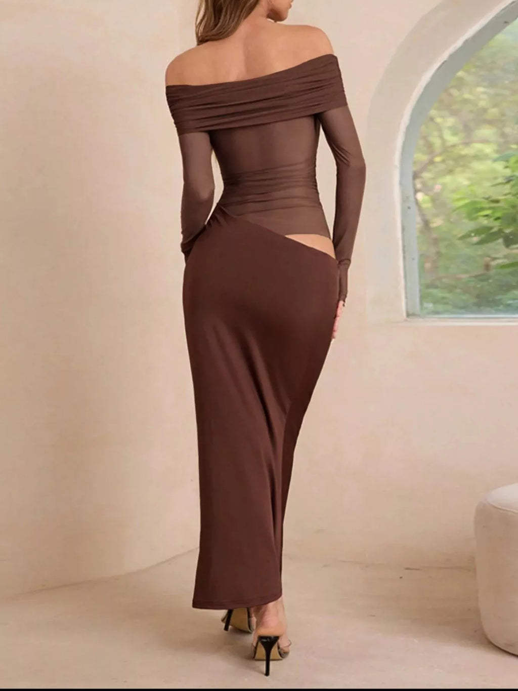 Off-Shoulder Long Sleeve Ruched Bodycon Maxi Dress by Trendsi