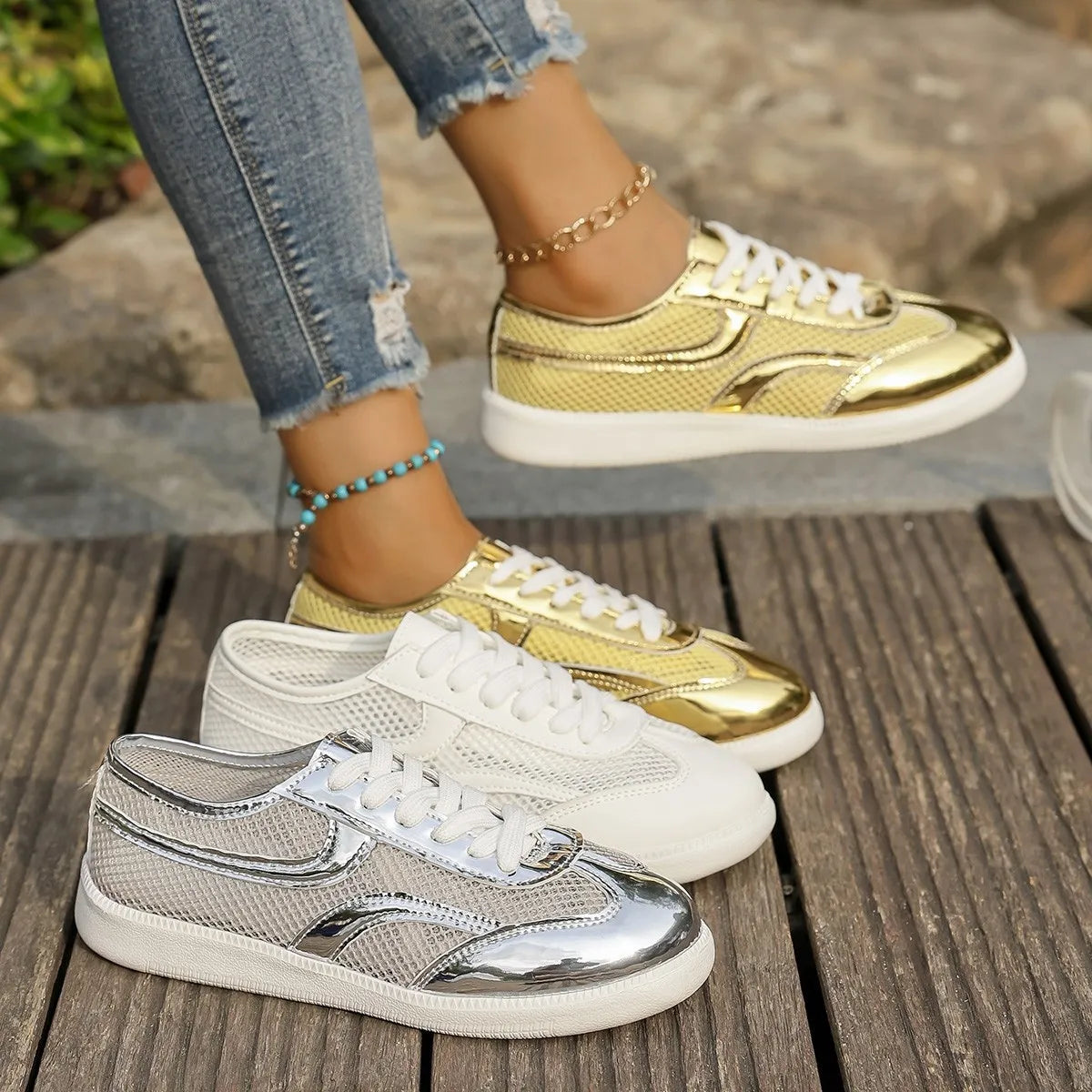 Mesh Lace Up Sneakers by Trendsi